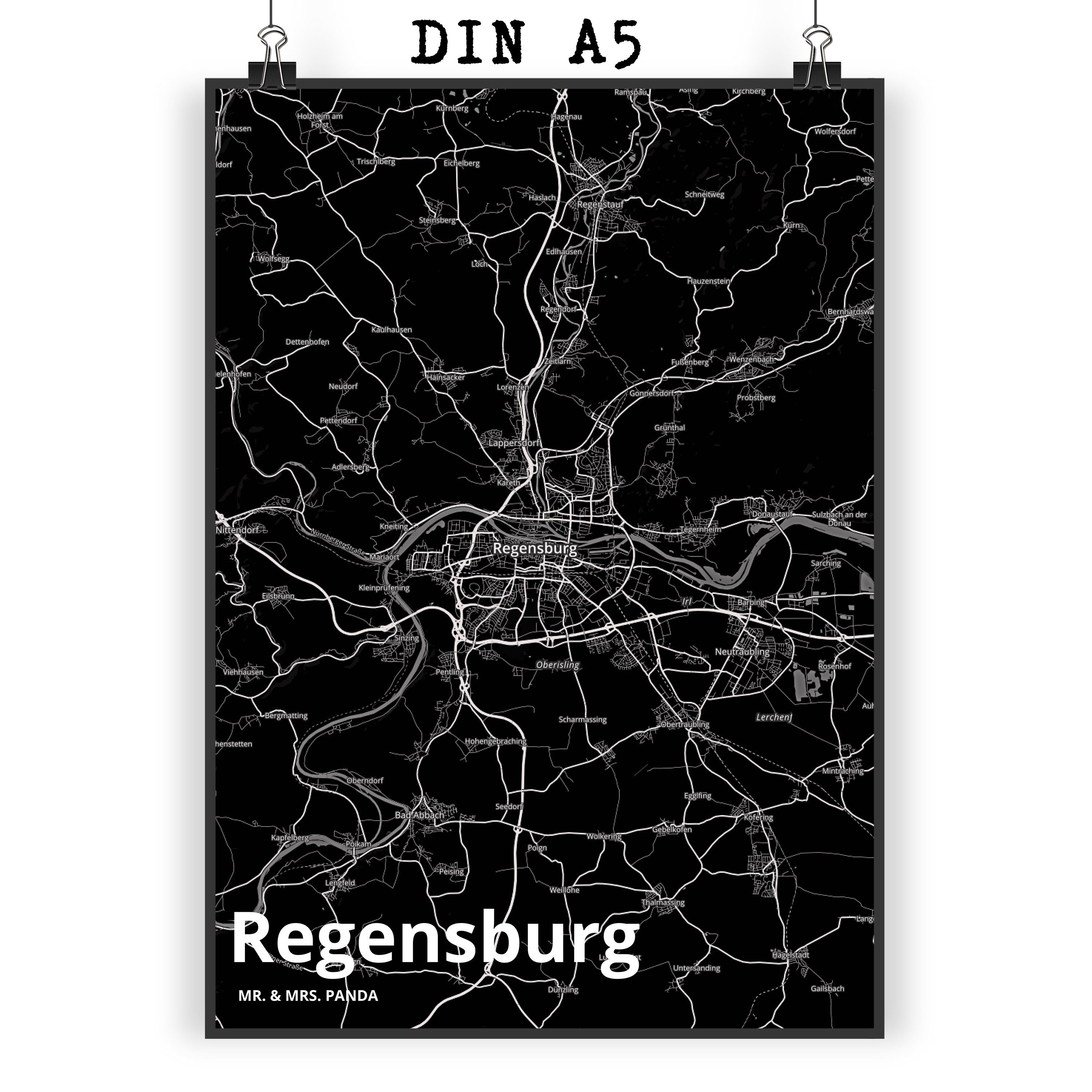 Mr. & Mrs. Panda Poster DIN A5 Regensburg - Geschenk, Bild, Poster, Ort, Wandposter, Kunstdru, Stadt Black (1 St)