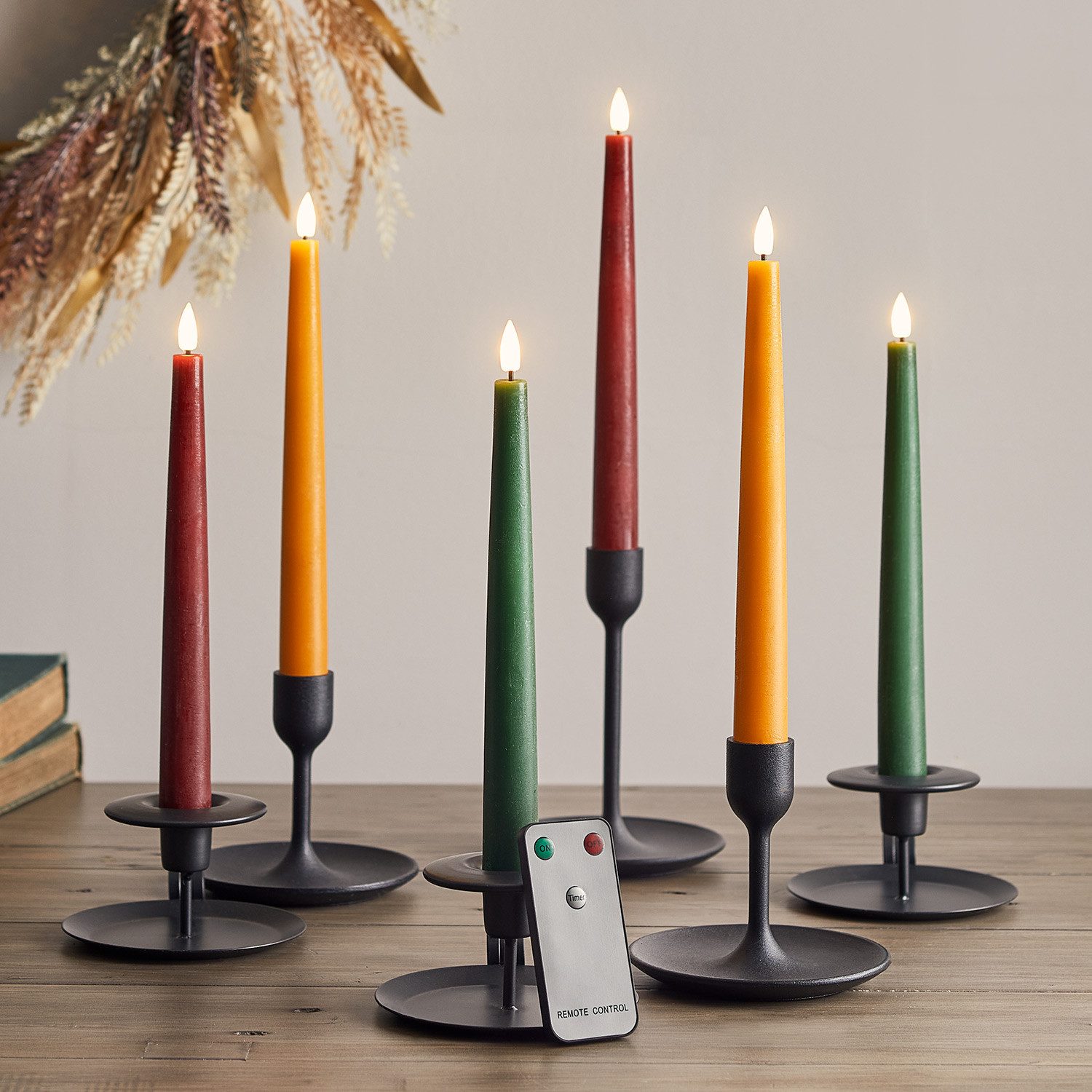 Lights4fun LED-Kerze 6er Set TruGlow® LED Stabkerzen Echtwachs Herbst mit Fernbedienung