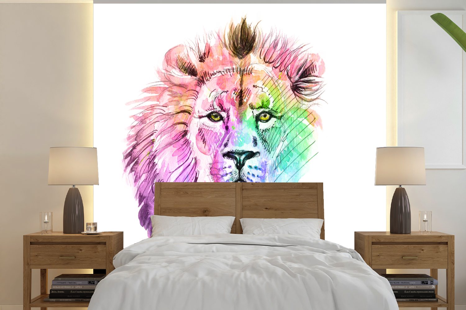 oder Illustration Schlafzimmer, (5 für - Wandtapete Löwen Matt, Tapete Wohnzimmer Fototapete bedruckt, MuchoWow - St), Vinyl Farben,