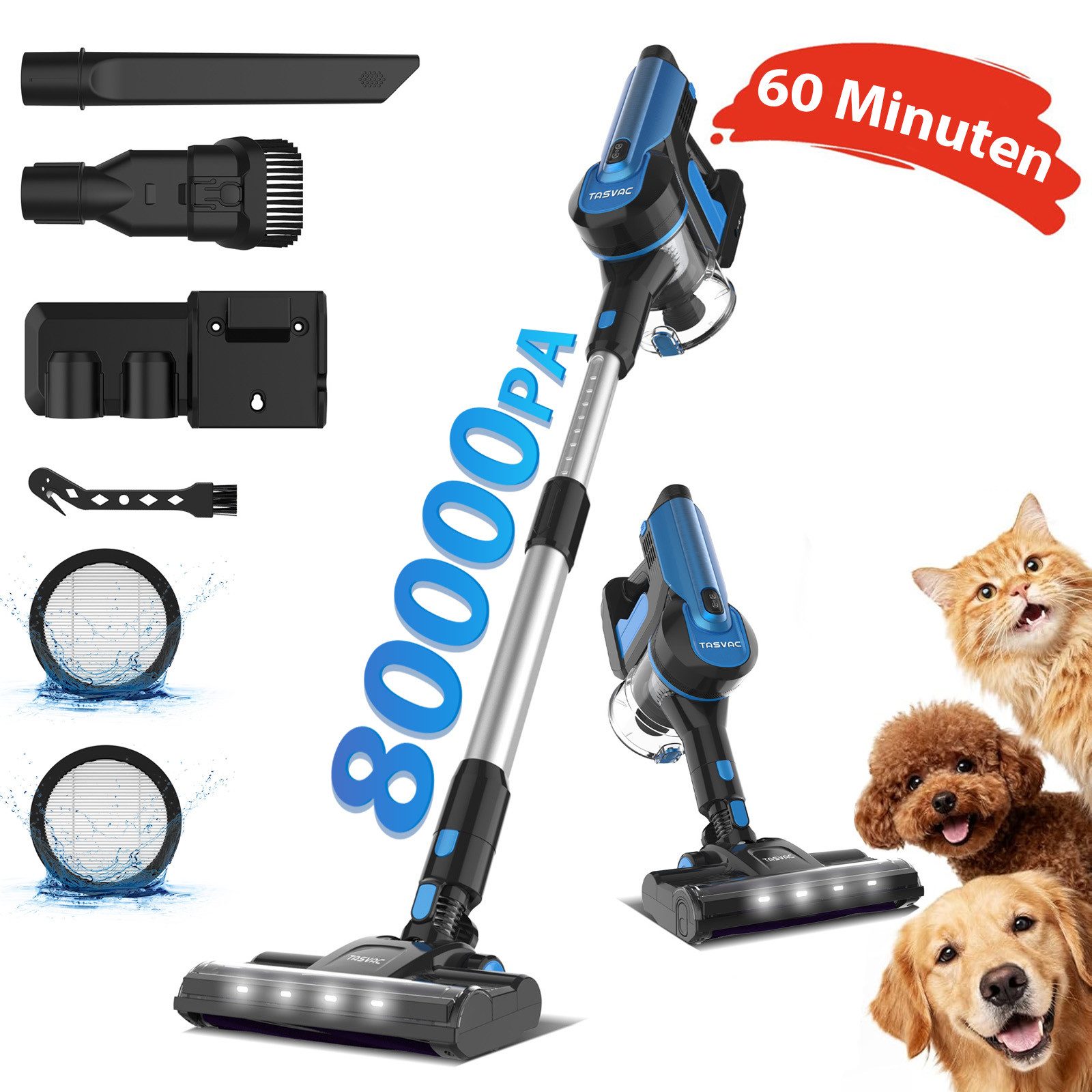 TASVAC Akku-Hand-und Stielstaubsauger Akku Staubsauger 80000Pa/60Min/1,7 L Staubsauger Kabellos, mit Beutel, 50dB leise/5-Stufen-Filter/LED Display, Ideal für Böden/Teppiche/Auto