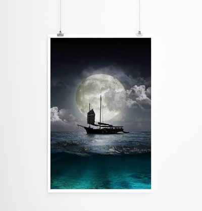 Sinus Art Poster 60x90cm Fotocollage Piratenschiff vor Vollmond auf See