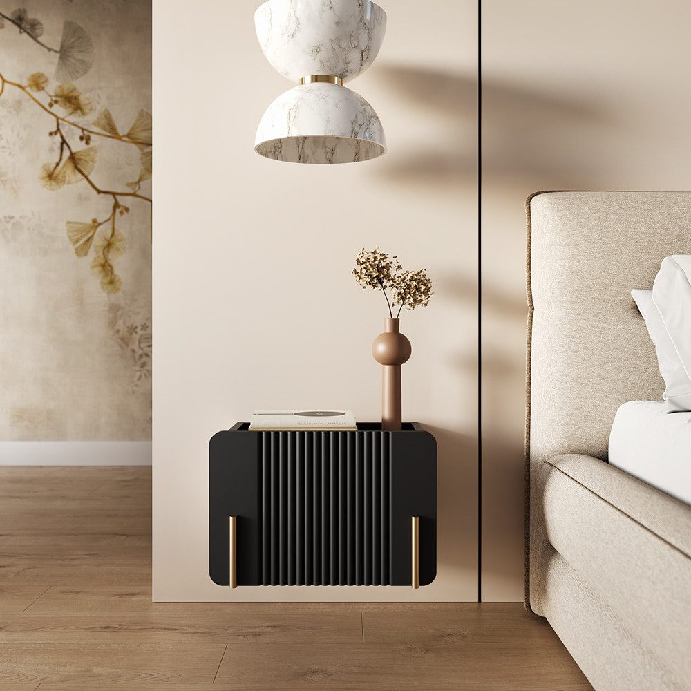 Lomadox Nachttisch MEAFORD-141, mit 1 Schublade, gerillte Front, schwarz matt, grifflos, schwebend