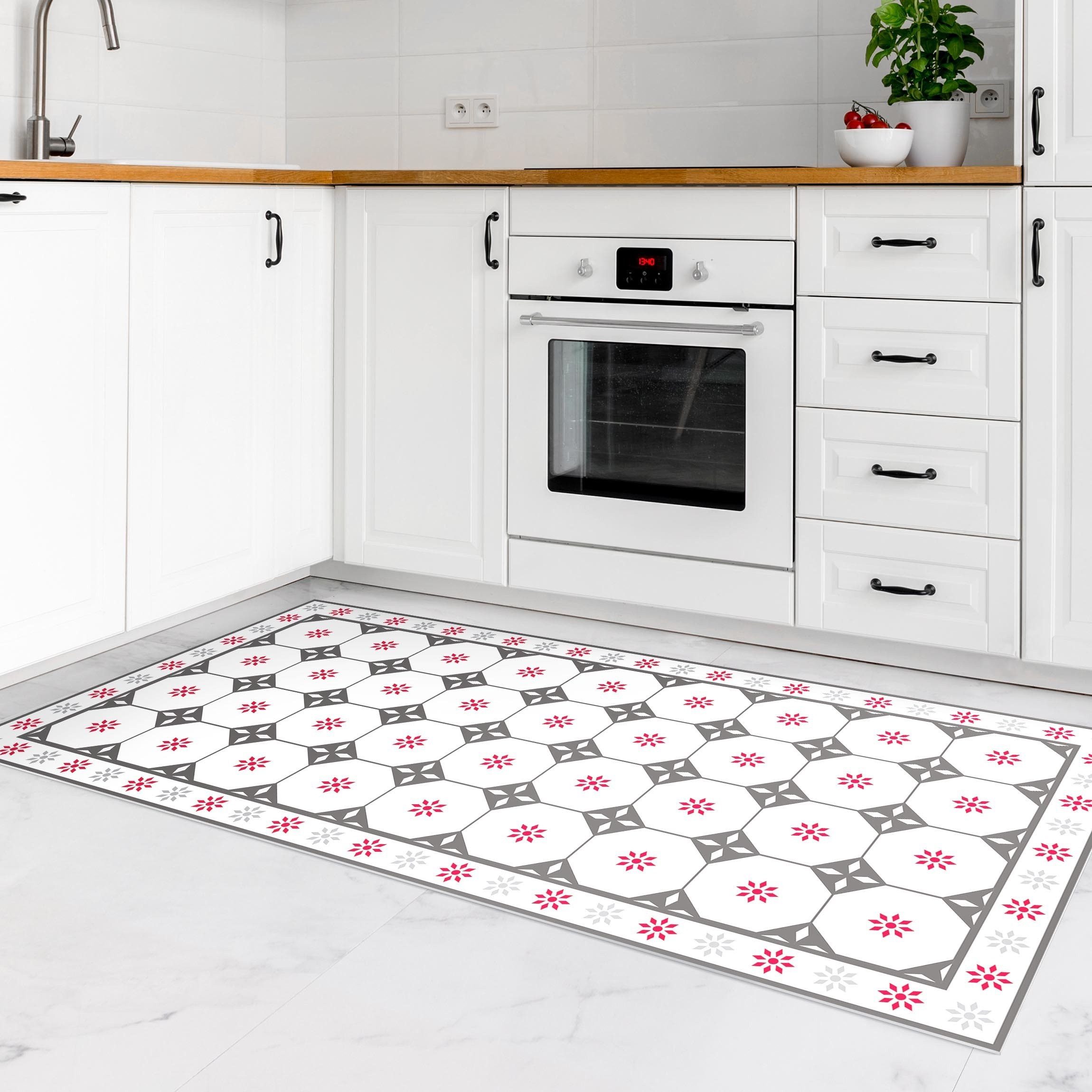 Bilderdepot24 Teppich Teppich Vinyl Flur Küche Fliesen Landhaus funktional lang, Läufer - weiss glatt, nass wischbar (Schmutz, Tierhaare) Saugroboter & Bodenheizung geeignet