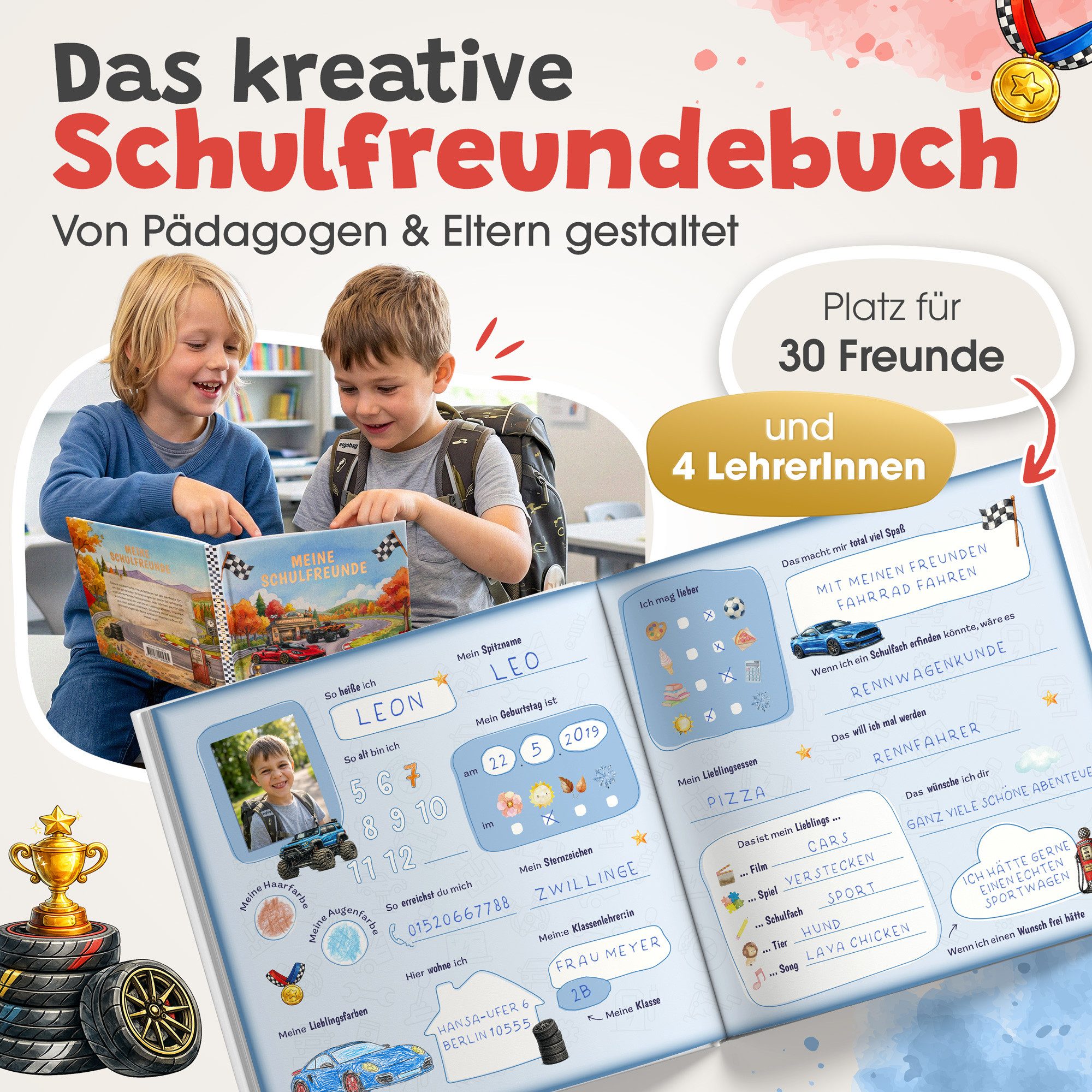 Eulentaler Freundebuch Junge (Schule) I von Pädagogen gestaltet, Autos, Monstertrucks & Goldprägung, Geschenk für Schulkinder – Bild 3 von 5