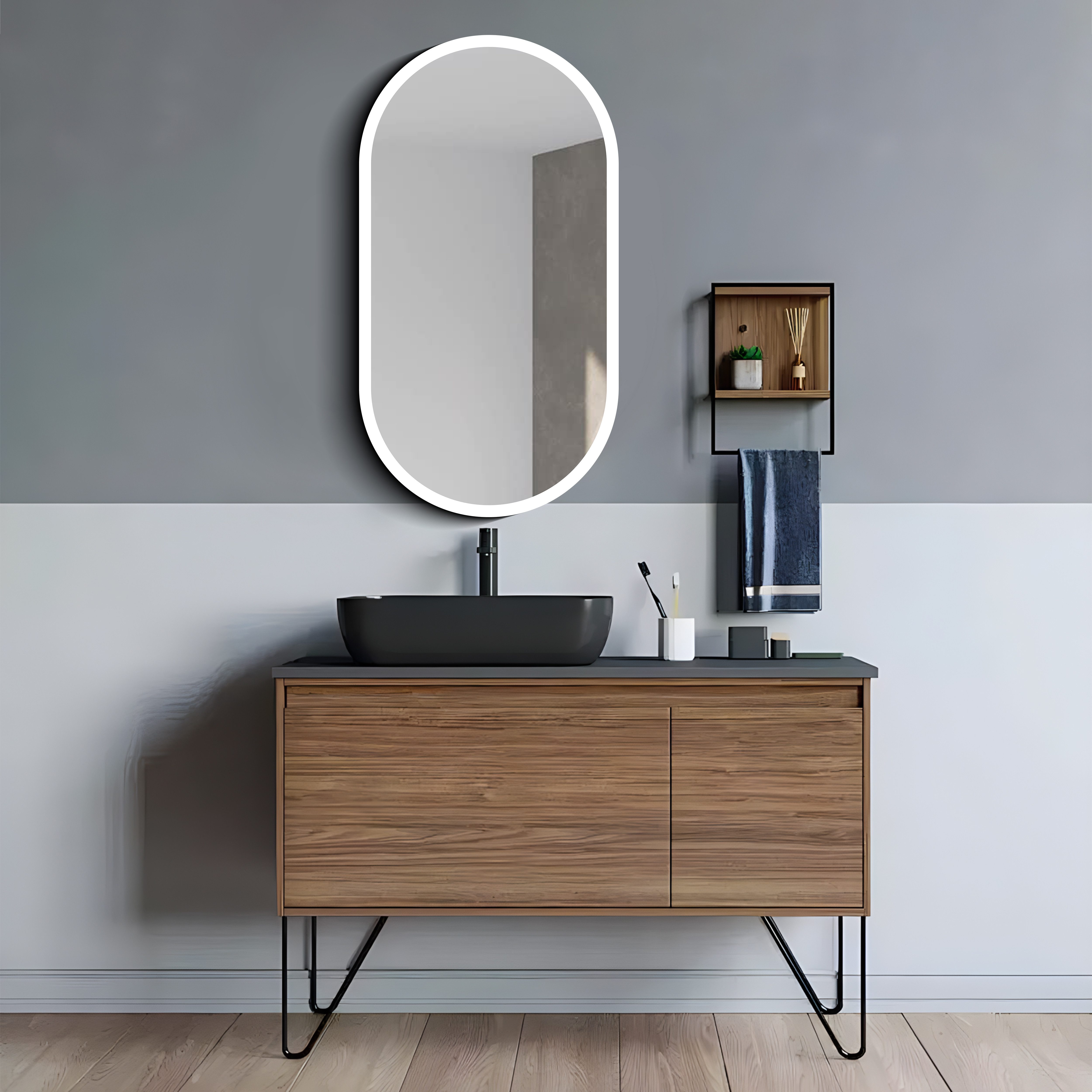 Talos Badezimmerspiegelschrank Talos Oval Vento austauschbare LED-Beleuchtung, 45x80 cm schwarz