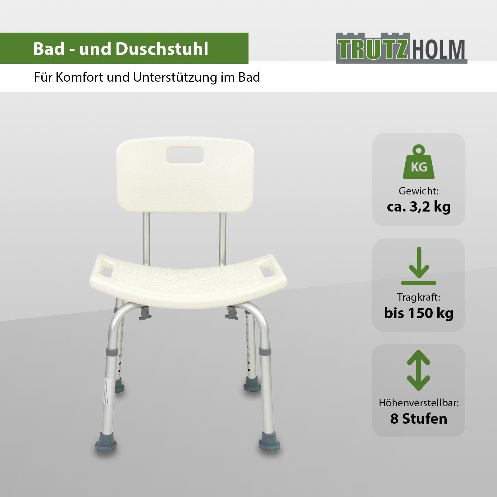 TRUTZHOLM Dusch- und Badhocker Duschstuhl mit Rückenlehne 39-53cm Anti Rutsch Sitzfläche, belastbar bis 150 kg, 8 fach höhenverstellbar