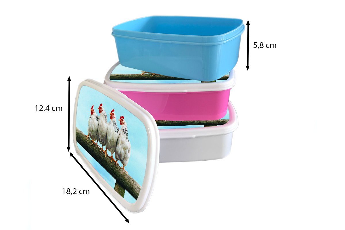 MuchoWow Lunchbox Vier Hühner Stock, Kunststoff (2-tlg), Brotbox Mädchen, für Kinder, einem Brotdose auf rosa Kunststoff, Erwachsene, Snackbox