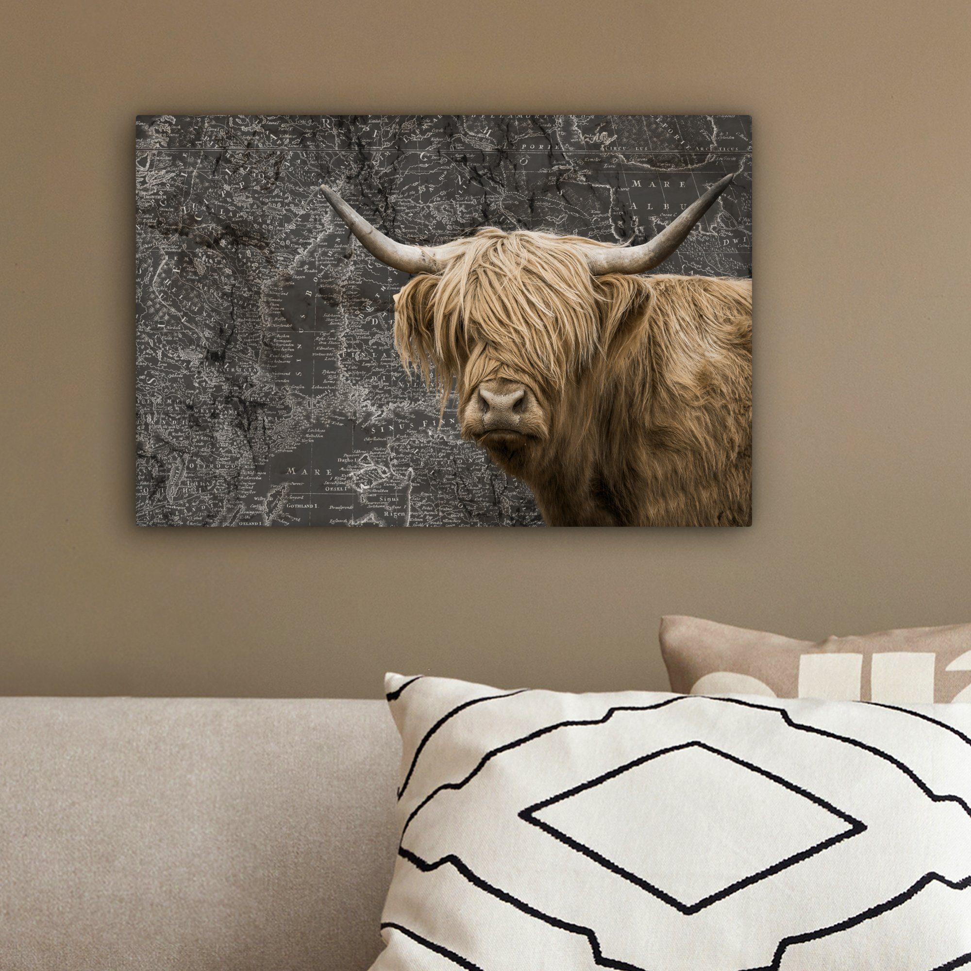 - - Leinwandbilder, 30x20 Kuh, St), Aufhängefertig, Weltkarte cm Schottische OneMillionCanvasses® (1 Leinwandbild Highlander Wanddeko, Wandbild