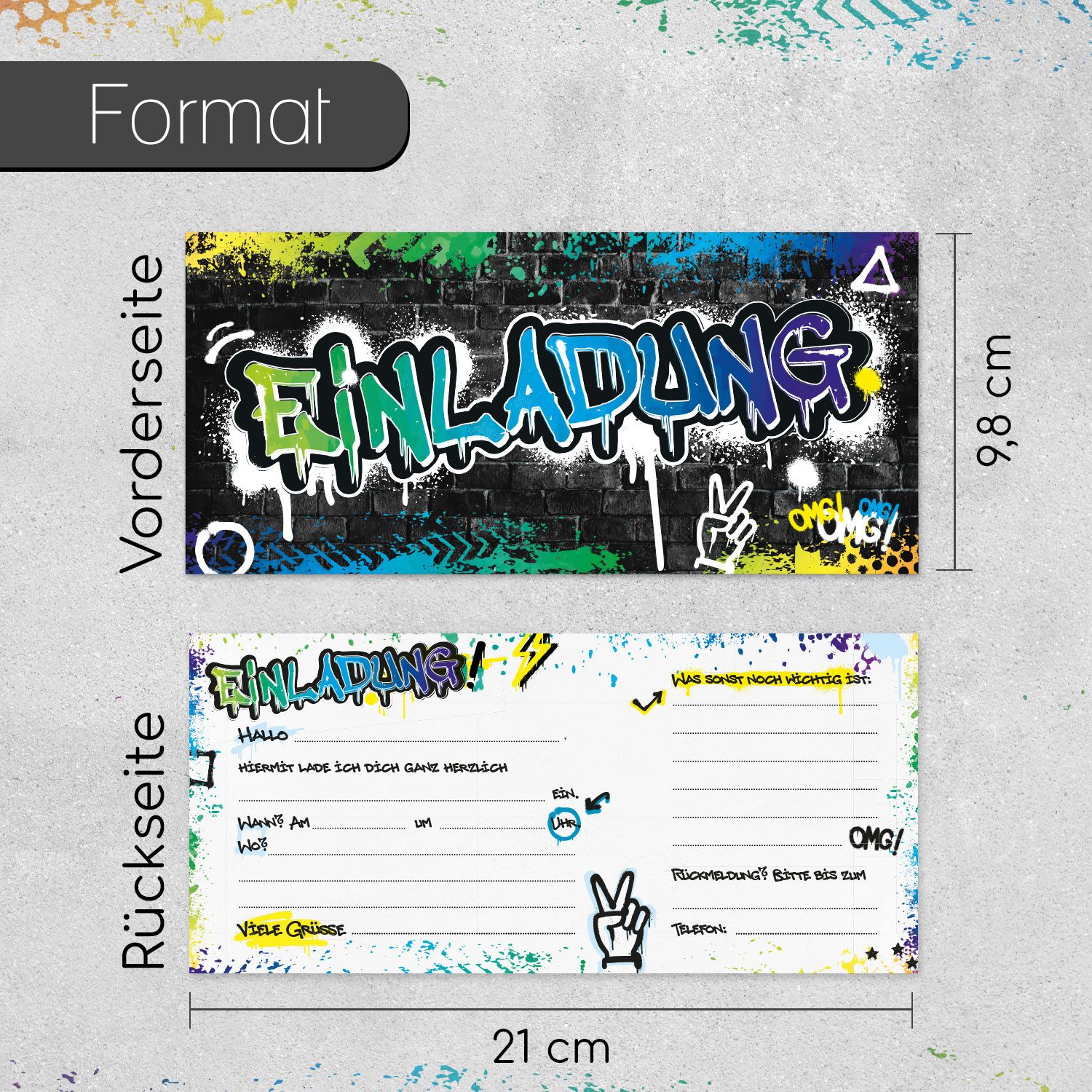 younikat Einladungskarten 15 Graffiti Einladungskarten mit effektvollem Hochglanz Lack 21x9,8 cm