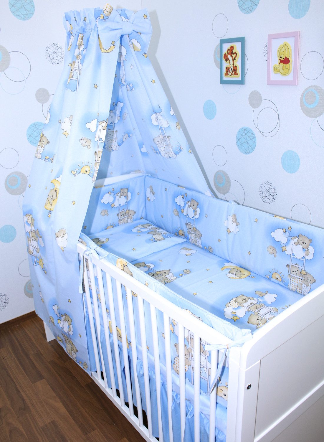 Babybettwäsche Baby Bettset- 6 teiliges mit 420 Nestchen Vollstoff Himmel Bettwäsche