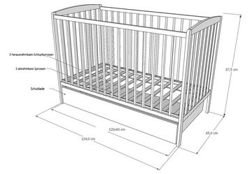 Babyhafen Kinderbett Babybett 60×120 cm Matratze Schublade Schutzgitter Gregor (Set, 3-tlg), mit Schublade und Schutzgitter