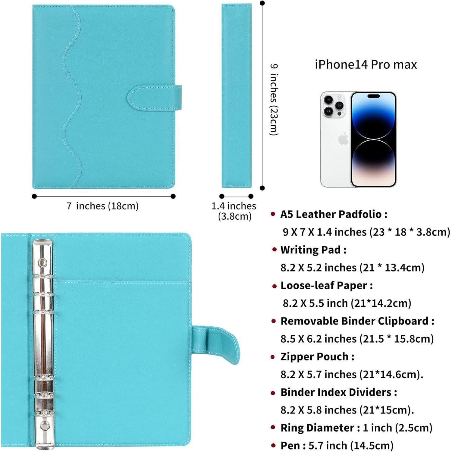 LuxusKollektion Ringbuchmappe Tagebuch A5 Liniert PU Leder Nachfüllbar Ringbuch Stift Cyan