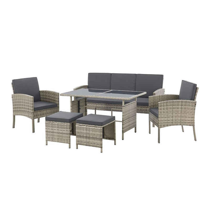 Juskys Gartenlounge-Set Turin, Polyrattan Sitzgruppe für 7 Personen, Gartenmöbel Set 6-teilig