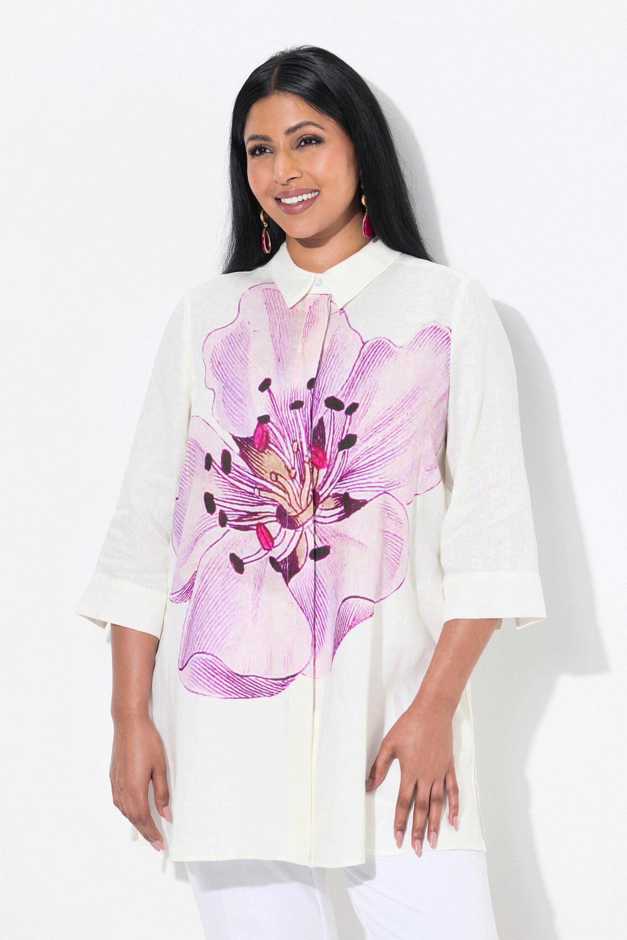 Ulla Popken Hemdbluse Leinenbluse Blüten A-Linie günstig online kaufen
