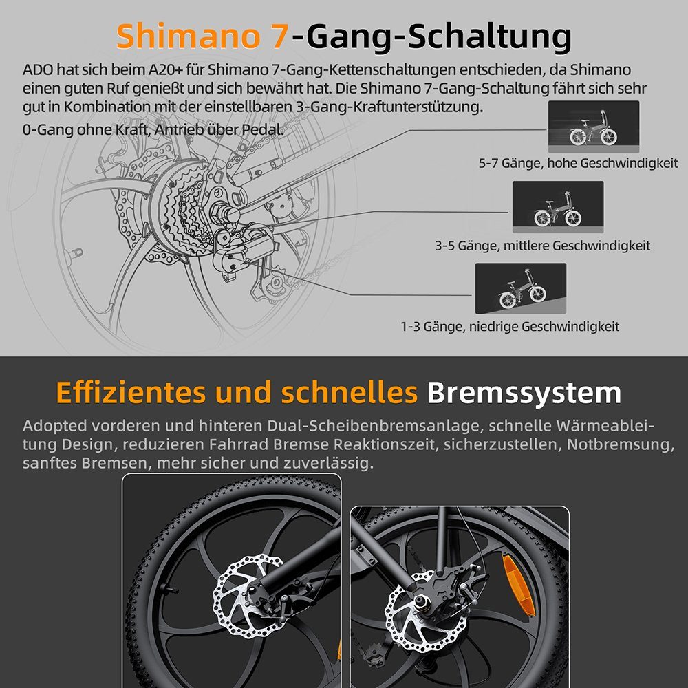 E-Bike Shimano, Kugelschaltung, Pedelec 7 250W Schwarz Zoll 20 E-Faltrad ebike Damen/Herren, ADO Gang StVZO Shimano, Elektrofahrrad heckmotor,