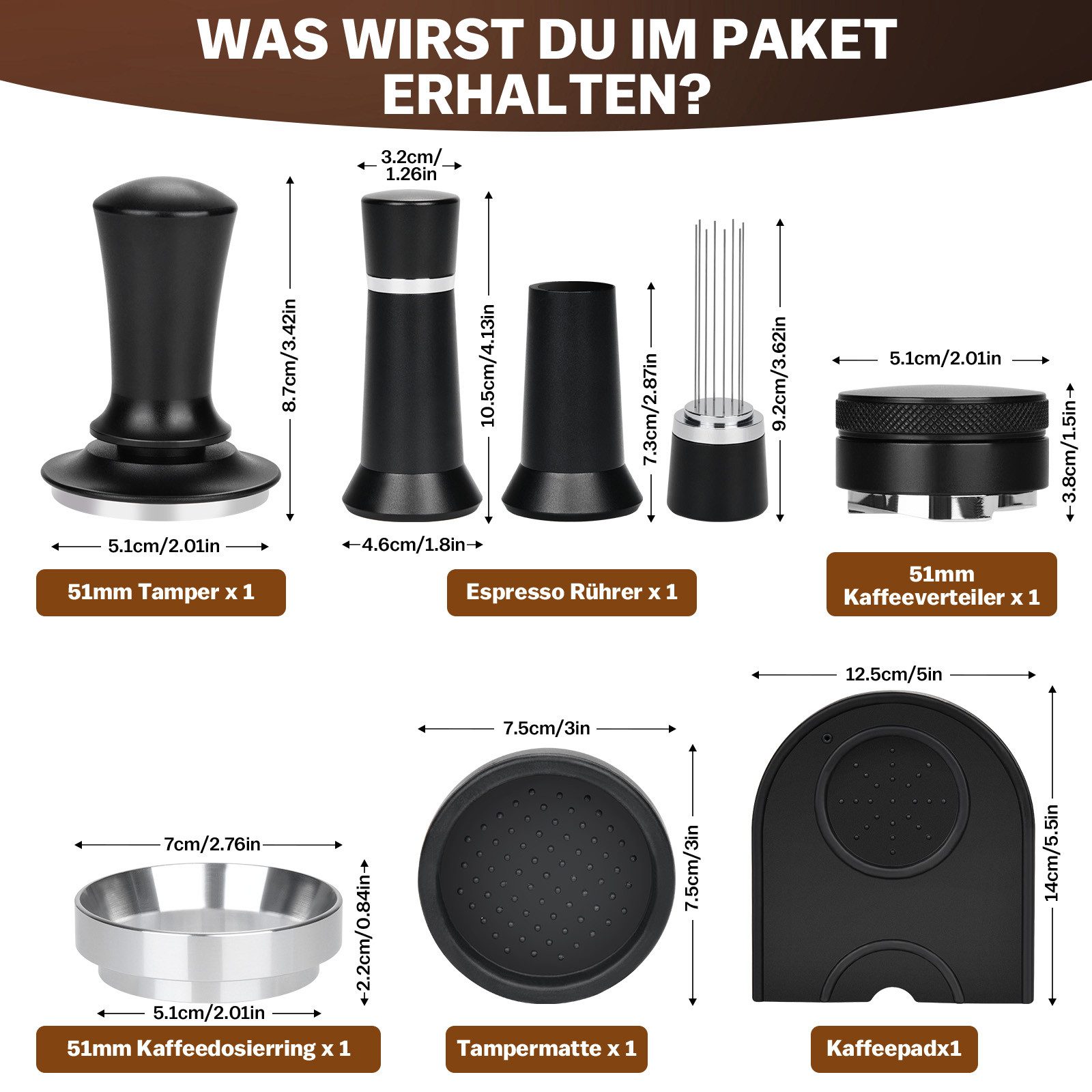 XERSEK Tamper 51mm Edelstahl Kaffeetamper Set mit Tampermatte für Espresso Barista, inkl. Verteiler, Kaffeepulverring, Tamping Matte & Nadel