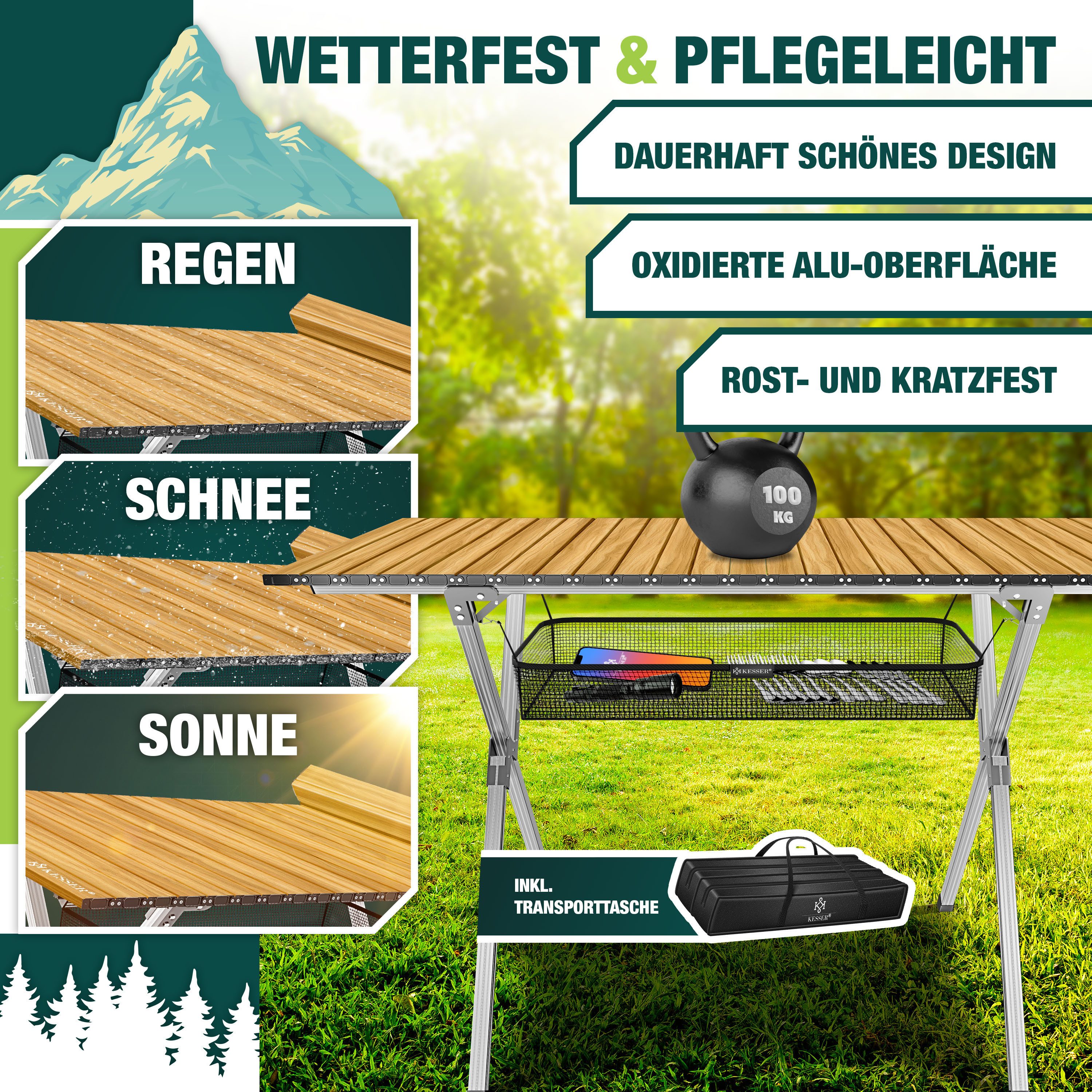 KESSER Campingtisch Klapptisch faltbar mit aufrollbarer Tischplatte (145x70cm klappbarer Tisch inkl. Tragetasche mit Trageband & Netztasche), Falttisch mit Alum – Bild 4 von 5