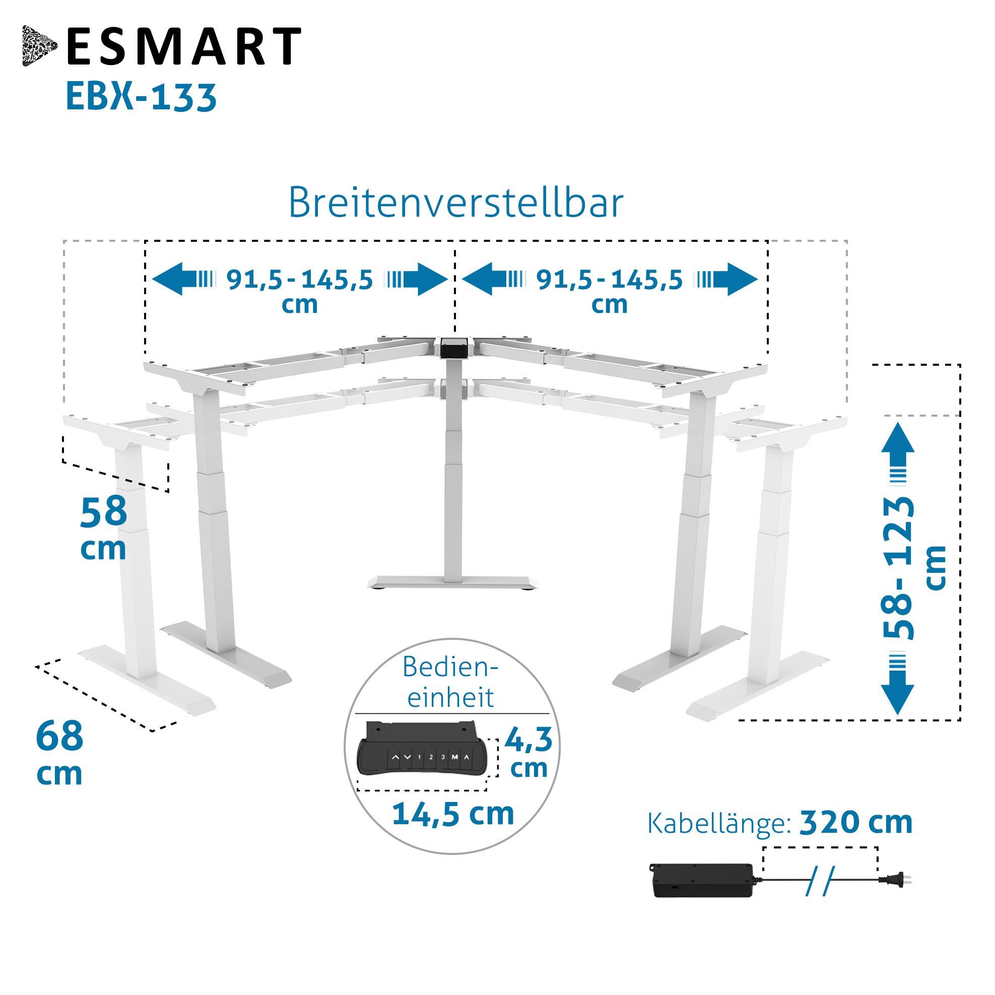 123 ESMART ESMART Germany, Höhe: - EBX-133 58 Eckschreibtisch Elektrisch höhenverstellbarer cm Schreibtisch