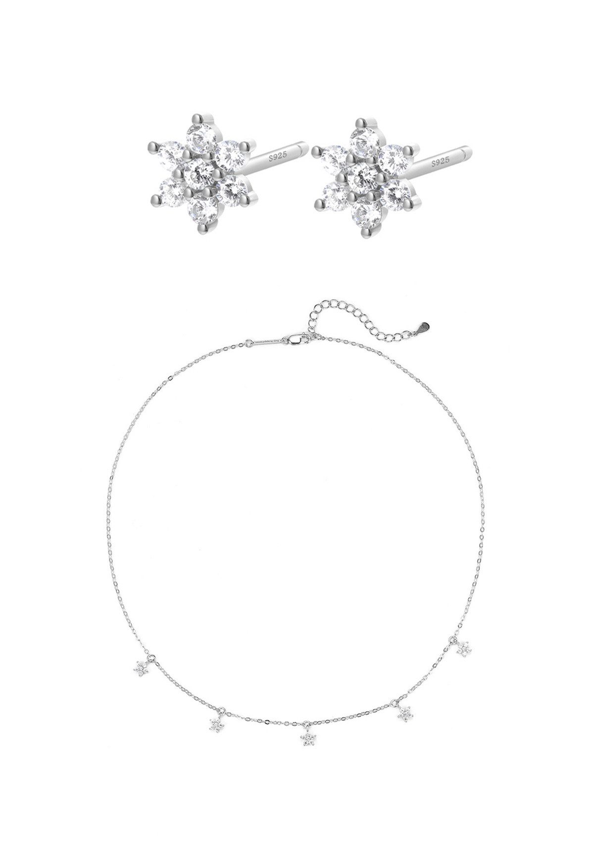 Hey Happiness Schmuckset Blumen, Filigrane Halskette und Ohrringe, Damenschmuck Zirkonia Blüte in 925er Silber