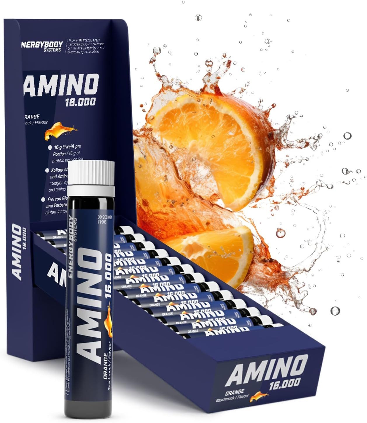 Energybody Systems Amino Liquid 16.000, Aminosäuren Komplex hochdosiert flüssig Ampulle, Set à 20 St., Laktosefrei. Glutenfrei.