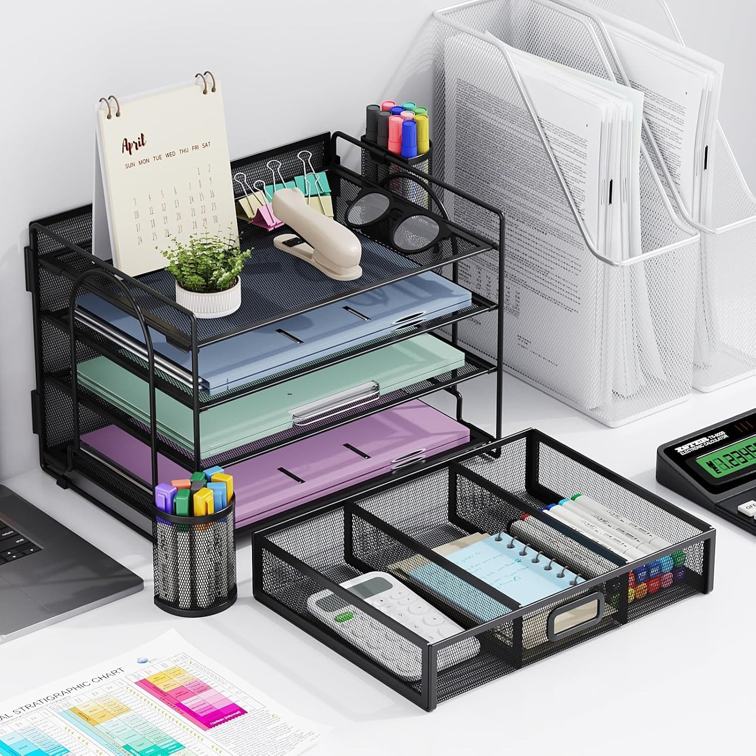 Thumbnail - Refined Living Organizer Schreibtisch-Organizer, mit Schublade und 2 Stifthalter, 4-stöckig (Büro Organizer, Schreibtisc...