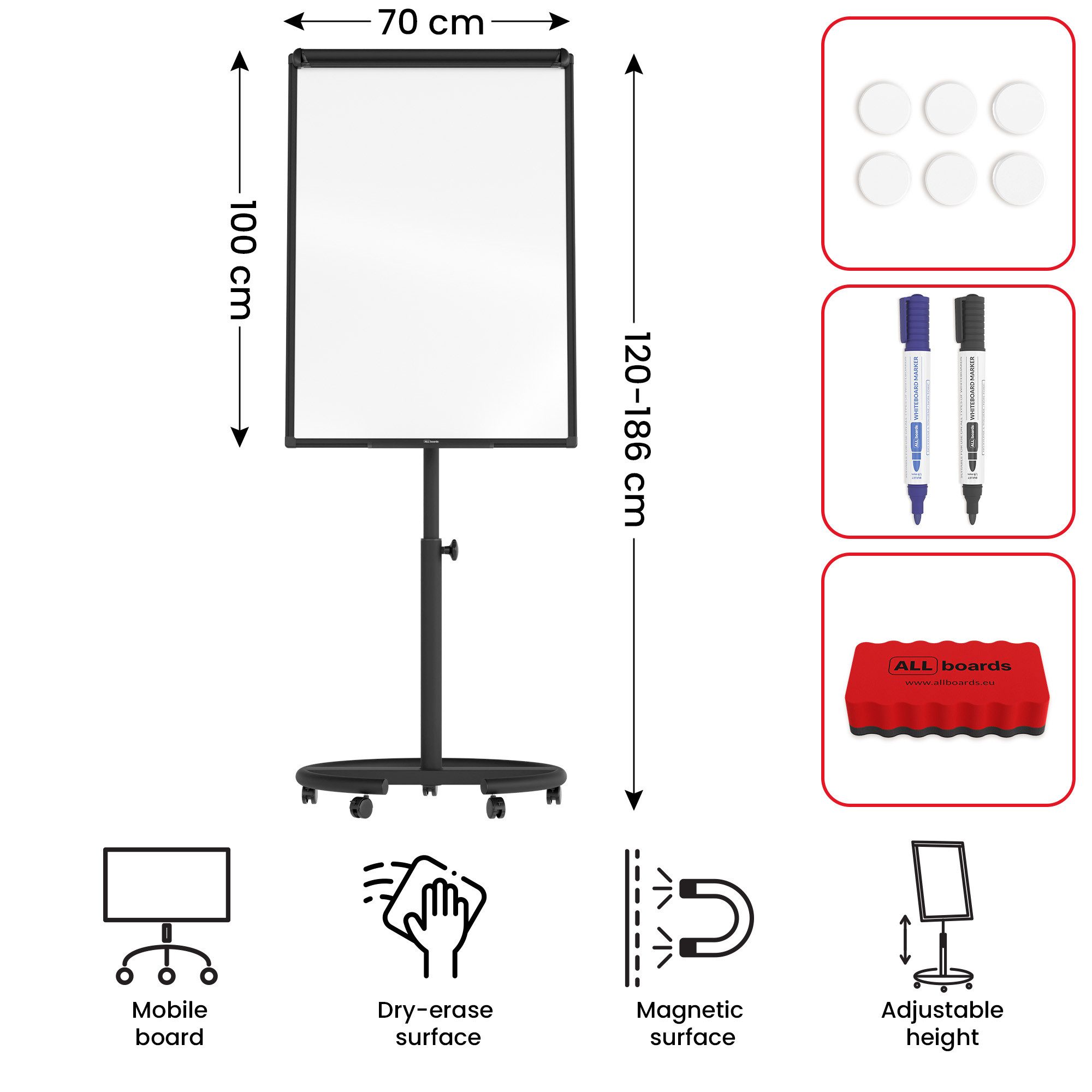 ALLboards Magnettafel Mobiles magnetisches Whiteboard-Flipchart 100×70 cm