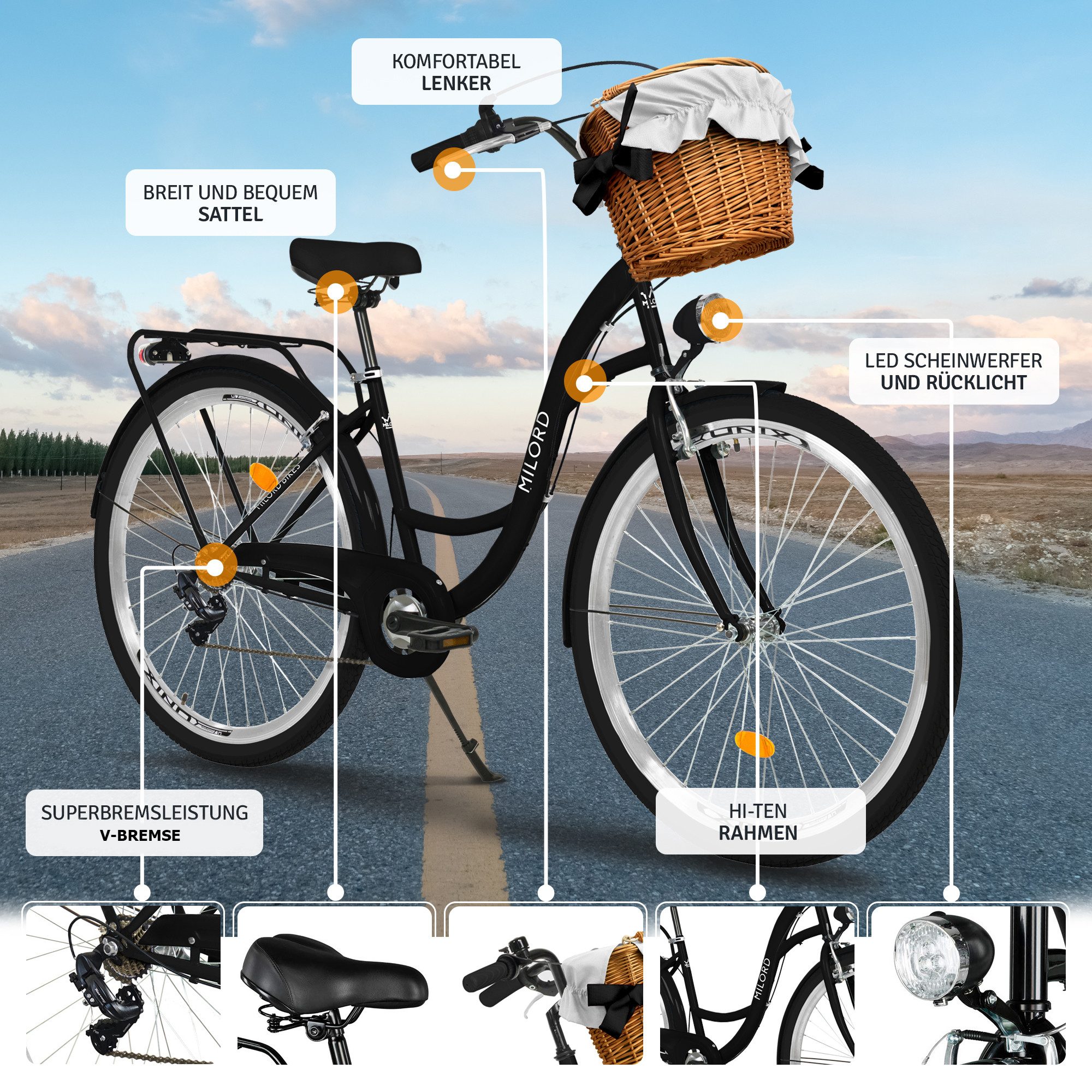 Milord Cityrad Milord City Fahrrad Korb Damenfahrrad, 28/26 Zoll, Schwarz, 7-Gang, 7 Gang, (Fahrradständer, Gepäckträger, Klingel, Korb, Kotflügel)