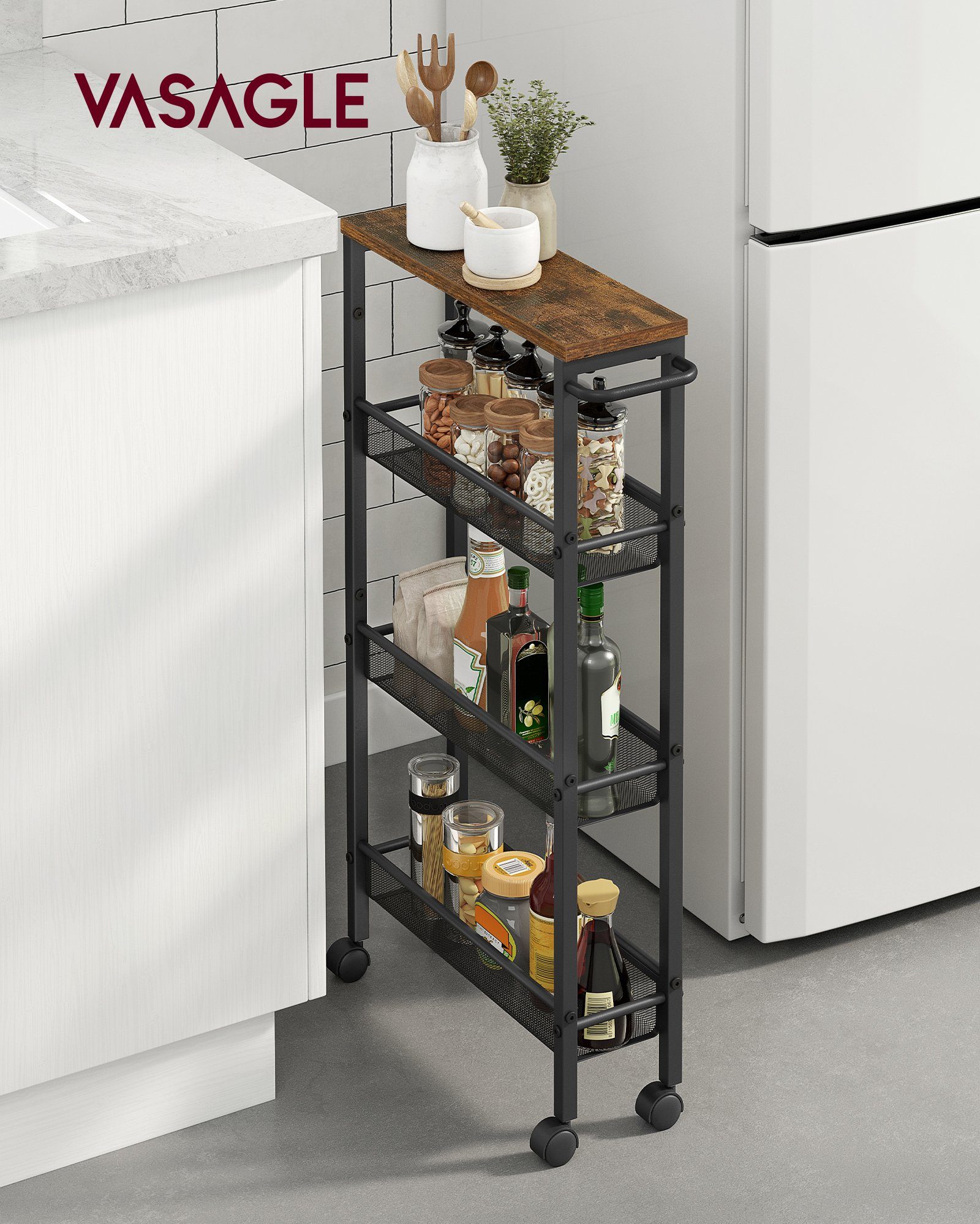 VASAGLE Beistellwagen, Küchenwagen schmal, Nischenregal, 13 x 45,5 x 77 cm günstig online kaufen