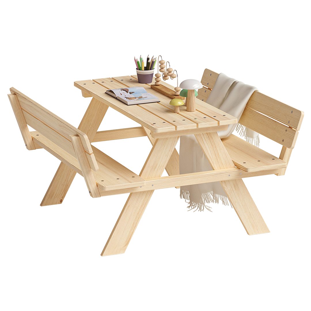 Bellabino Kindersitzgruppe Inny Outdoor-Bank aus Holz, (Tisch und Bänke mit Lehne, Sitzgruppe), für 4 Personen, unbehandelt, Kindermöbelset aus Kiefer Massivholz