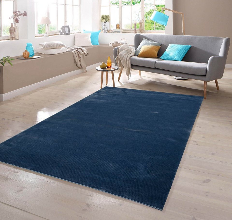 Teppich Teppich Kurzflor uni blau, TeppichHome24, rechteckig, Beliebtes,  synthetisches Material, das mit intensiven Farben entzückt