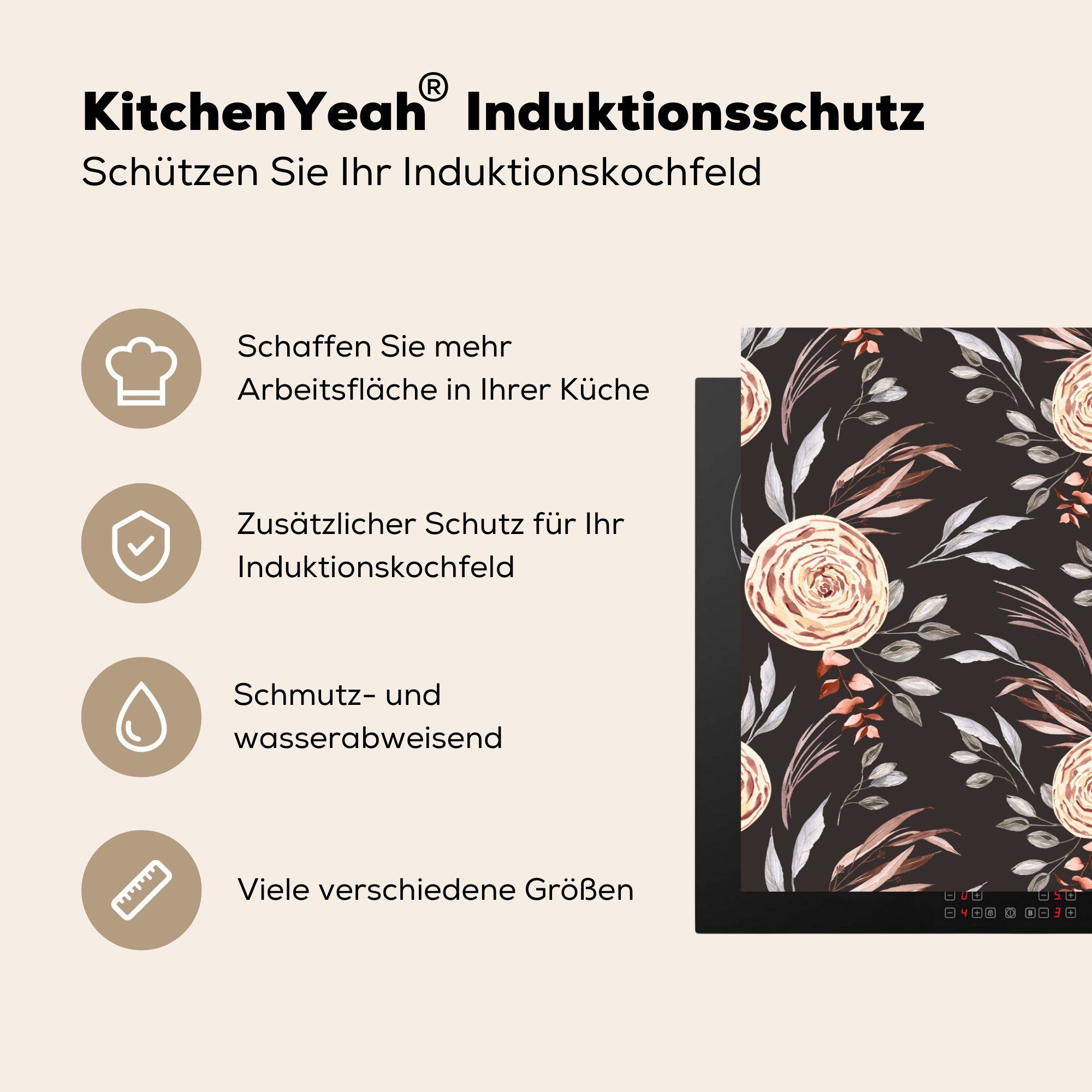 MuchoWow Herdblende-/Abdeckplatte Rosen - Induktionskochfeld küche, Braun, Schutz cm, Ceranfeldabdeckung die 81x52 für Natur Vinyl, (1 tlg), 