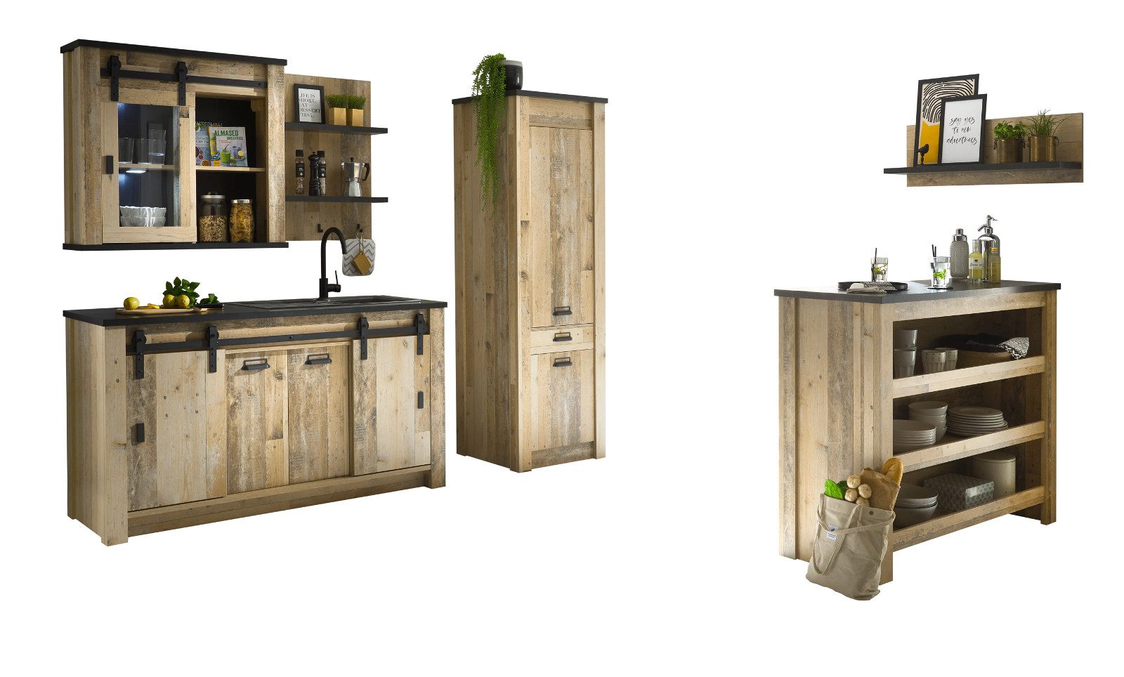 Furn.Design Küchenbuffet Stove (Küche in Used Wood 6-teilig, inklusive Küchentheke) mit Schwebetüren und Soft-Close-Funktion