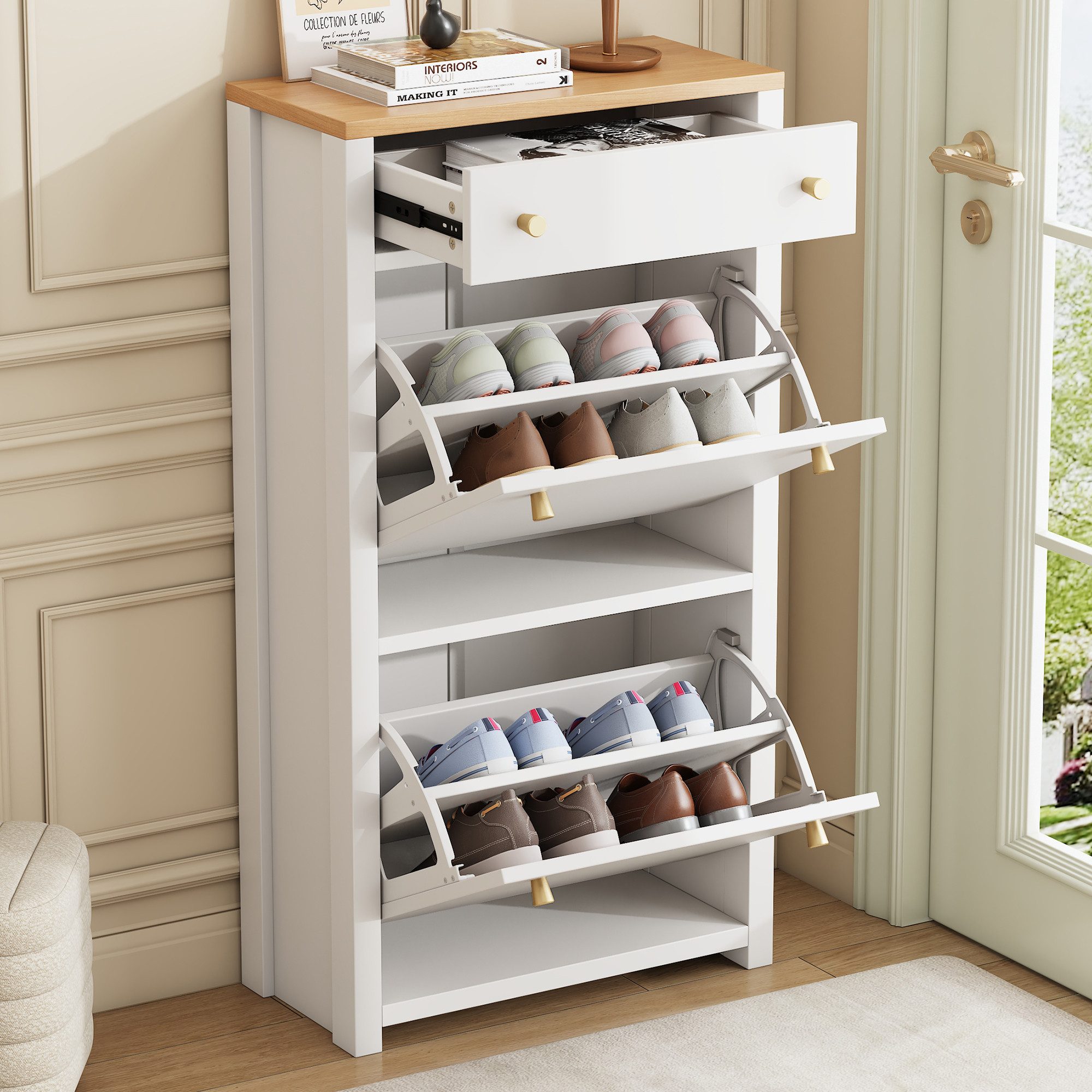 Merax Schuhschrank mit 2 Klappen und Schublade, Schmaler Schuhkommode (1-St., Schuhkipper mit Verstellbare Einlegeböden) Flur Aufbewahrungsschrank