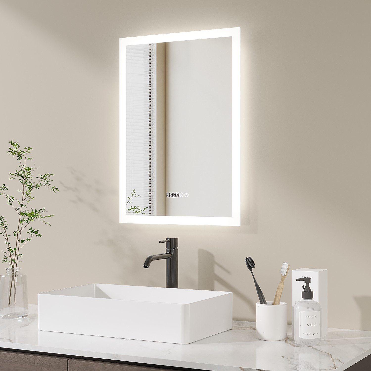 AQUABATOS Badspiegel Spiegel mit LED Beleuchtung Wandspiegel Badezimmerspiegel 50 x 70 cm, Kosmetikspiegel Badspiegel Beschlagfrei 3 Lichtfarben Digitaluhr
