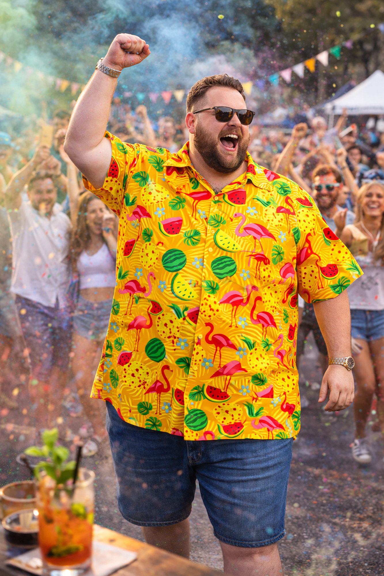 King Kameha Hawaiihemd Flamingo Melone Übergrößen 7XL-12XL Sommerhemd Kurzarm Front-Tasche