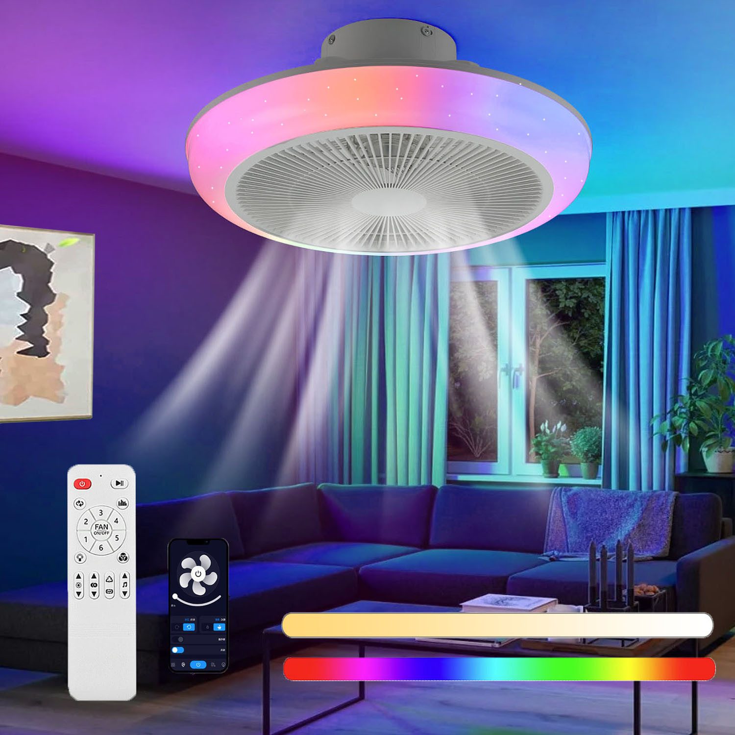 oyajia Deckenventilator 40W Leise Deckenventilator, RGB Farbwechsel LED Deckenleuchte 45cm, Dimmbar LED Deckenventilator Leuchte 45cm für Schlafzimmer Küche Hotel