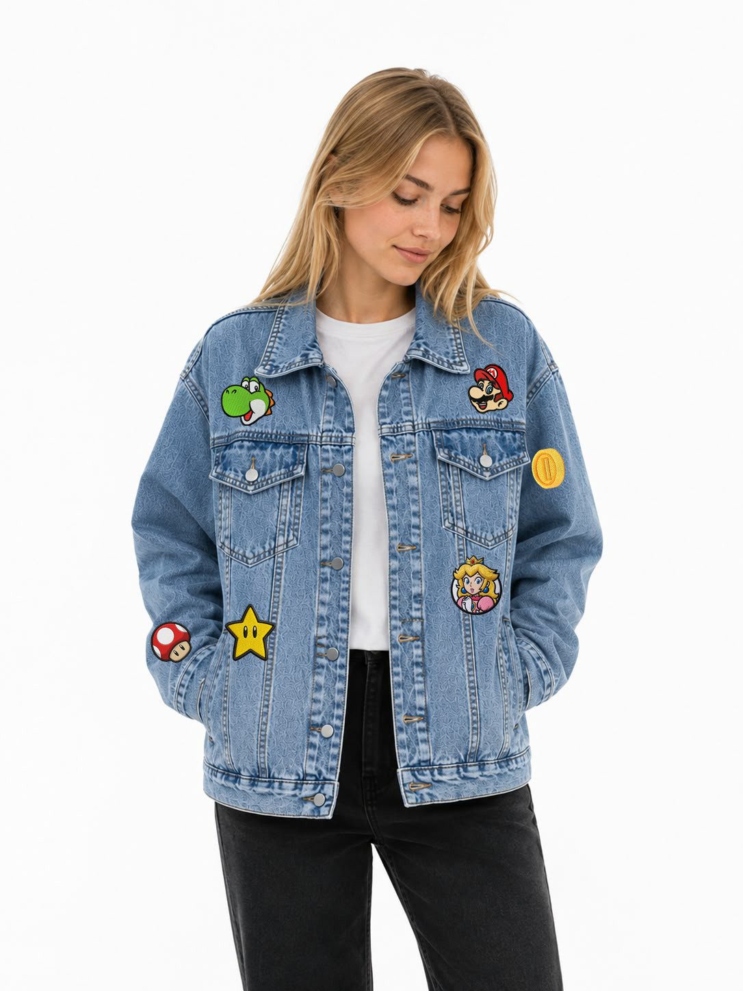 Blondie & Brownie Jackett Damen Jeansjacke Mario Patches Retro Gaming Boyfriend Denim Oversize Retro Mario Patch Boyfriend Denim