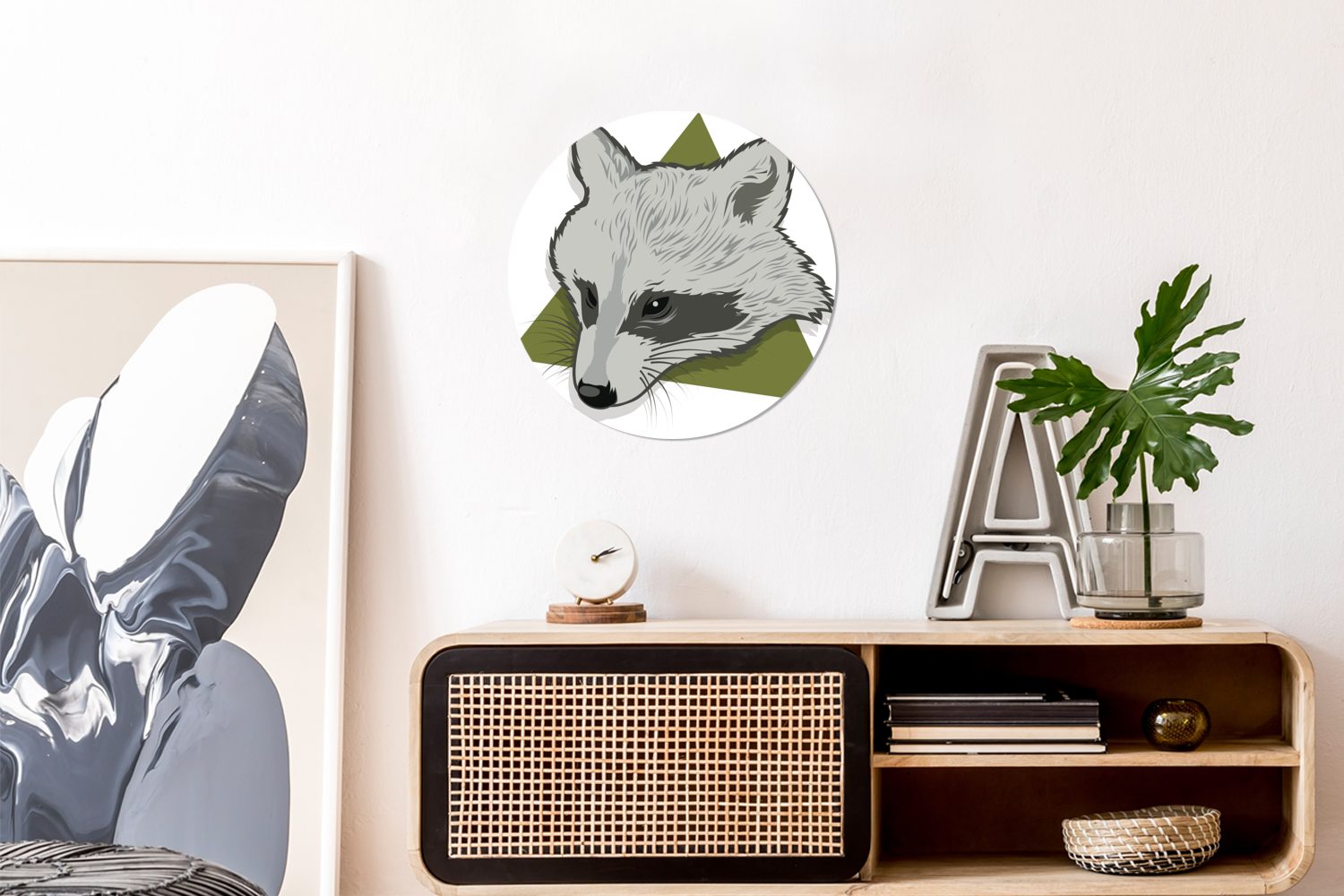 eines (1 Rund, Dreieck St), Tapetenaufkleber, in des Illustration Wohnzimmer Wandsticker einem grünen für Tapetenkreis Waschbären Kinderzimmer, MuchoWow Kopfes