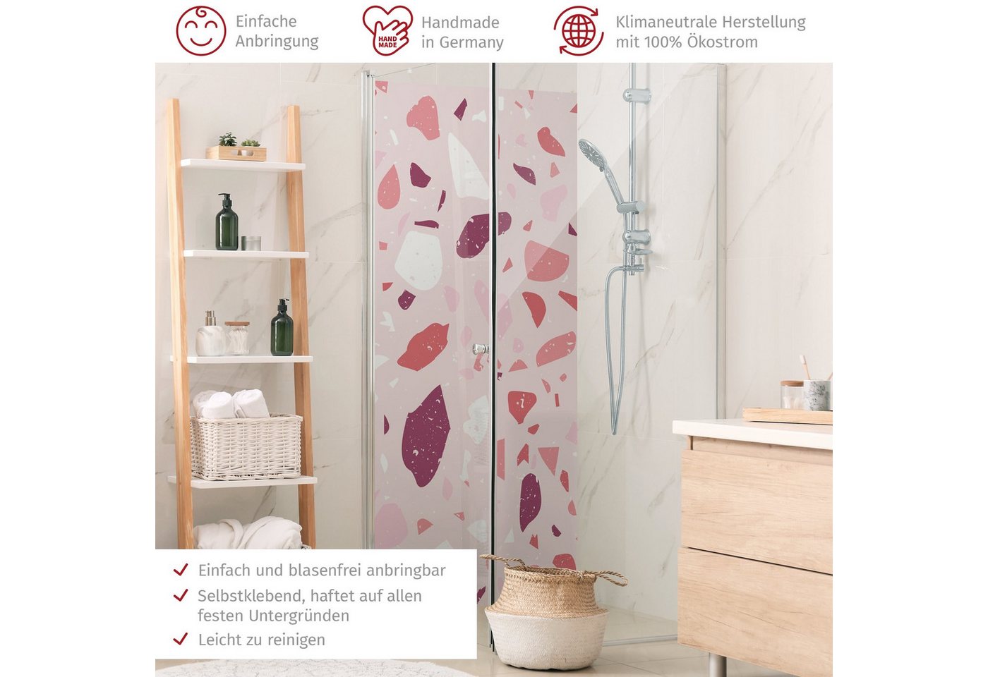 Thumbnail - Bilderdepot24 Badrückwand Terrazzo pink Duschrückwand ohne Bohren Dusche Muster, (1-tlg., Hart-Folie Smart matt 0,35 mm)...