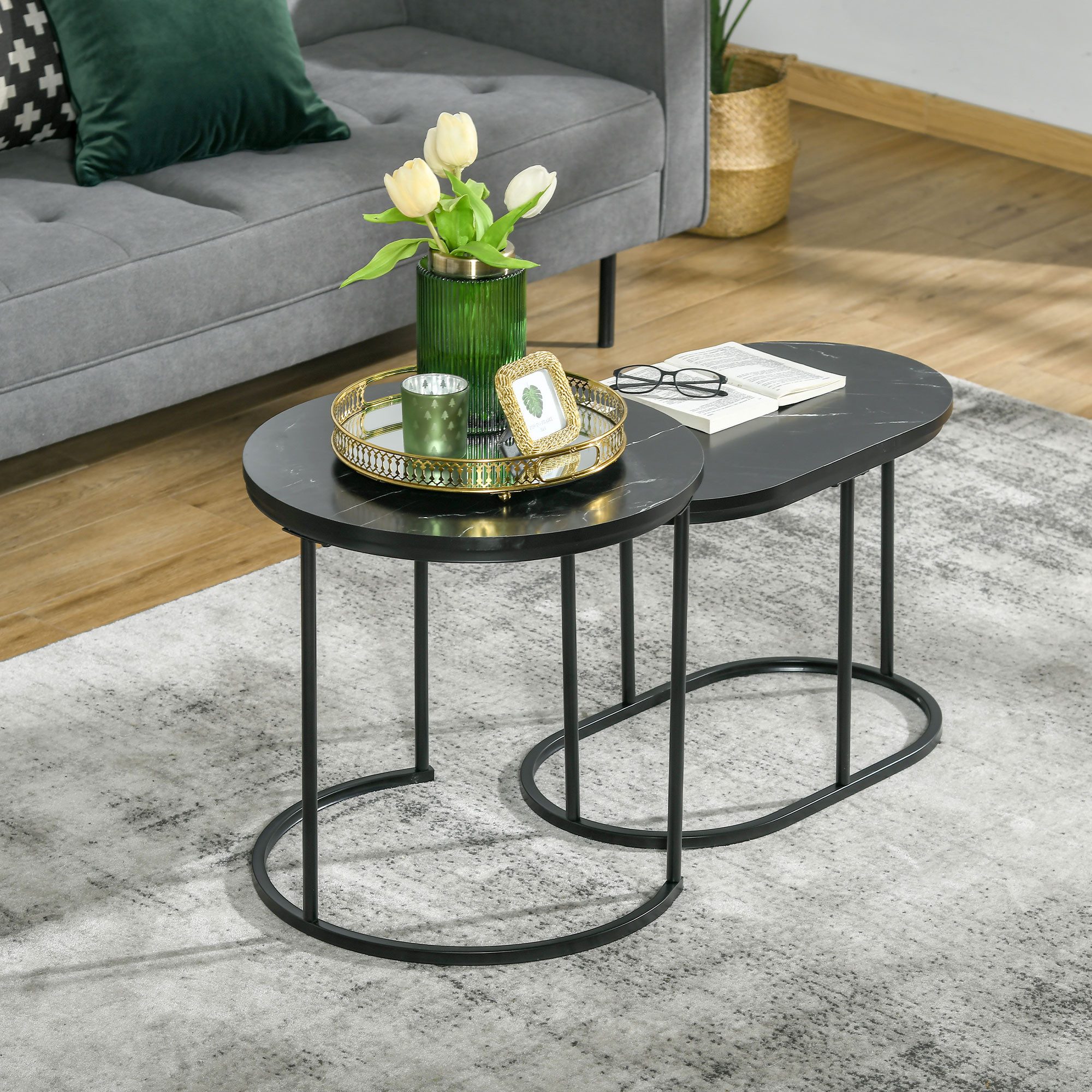 HOMCOM Couchtisch Beistelltisch Nachttisch Rahmen für Wohnzimmer Schlafzimmer (Kaffeetisch-Set, 2-St., Satztisch-Set), MDF Stahl Schwarz Ø50 x 50,5 cm