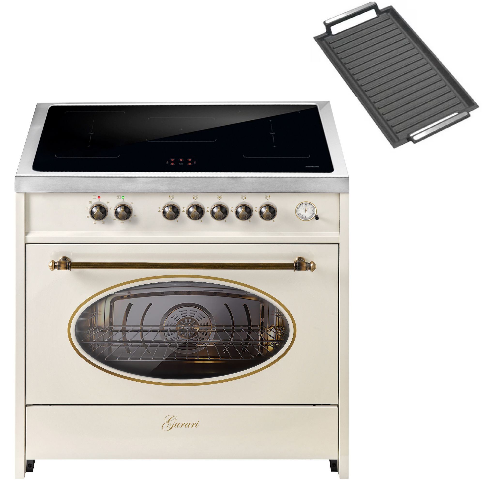 GURARI Induktions Herd-Set Retro Range Cooker 90 cm, FLEX ZONEN, Booster, 5 Zonen, 121L E 913 RU CR+Grillplatte, mit 1-fach-Teleskopauszug