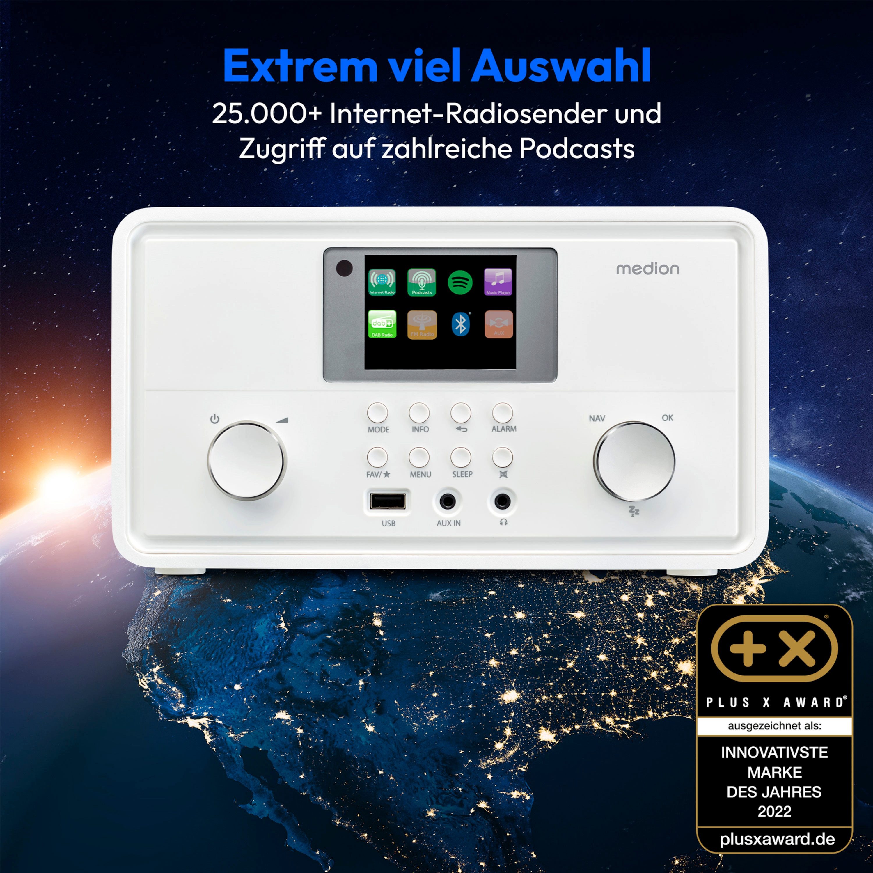 Medion® Internetradio MEDION® LIFE® P85027 (MD88069) Radio (DAB+, MW/UKW, Spotify, AM/FM, 10 W, Internet Radio DAB+ UKW Radio, 7,1cm/2,8'' Display, Bluetooth)