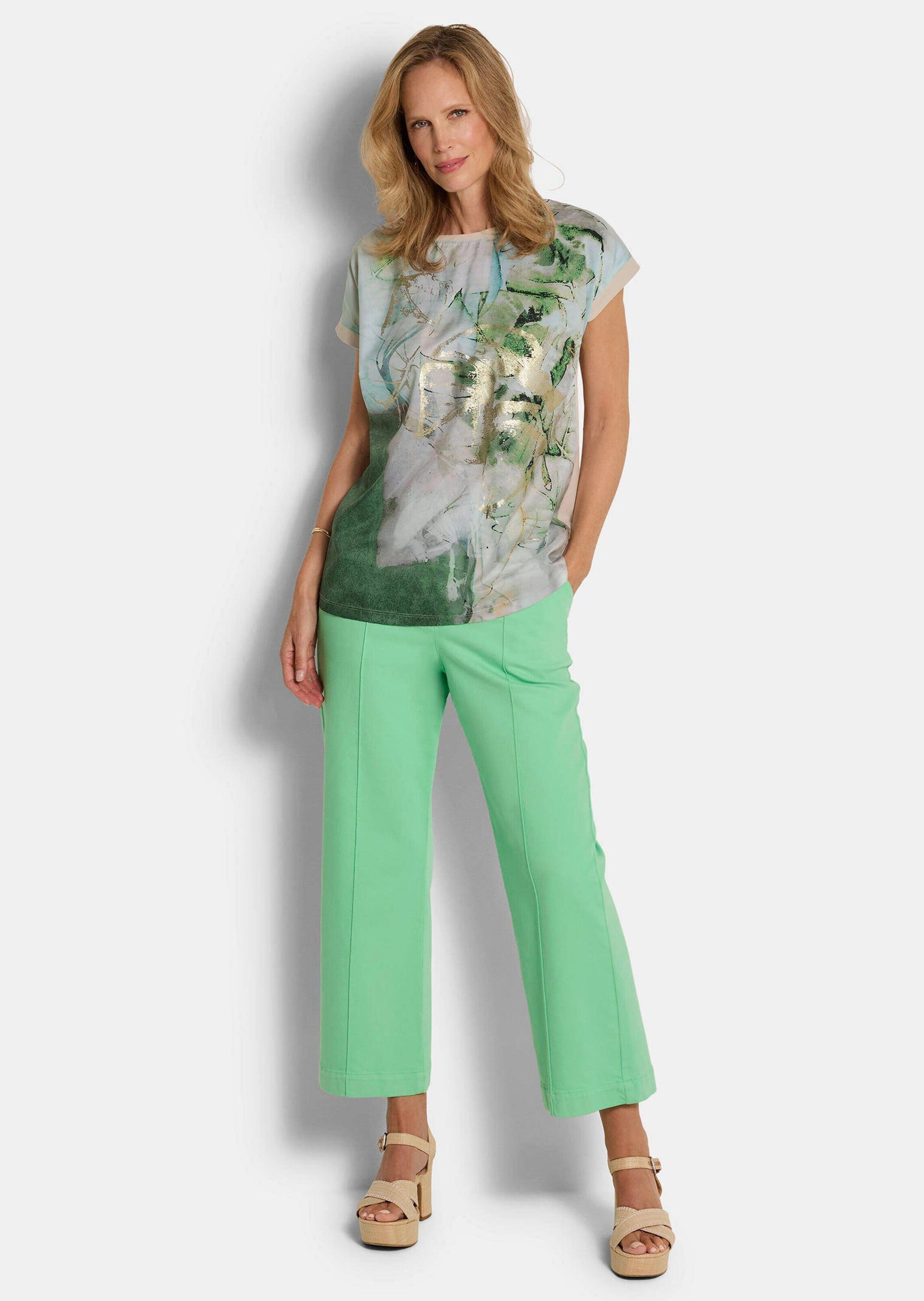 GOLDNER Print-Shirt Druckshirt mit Folienprint Satinshirt mit Jersey-Rückseite, U-Boot-Ausschnitt und Viertelarm
