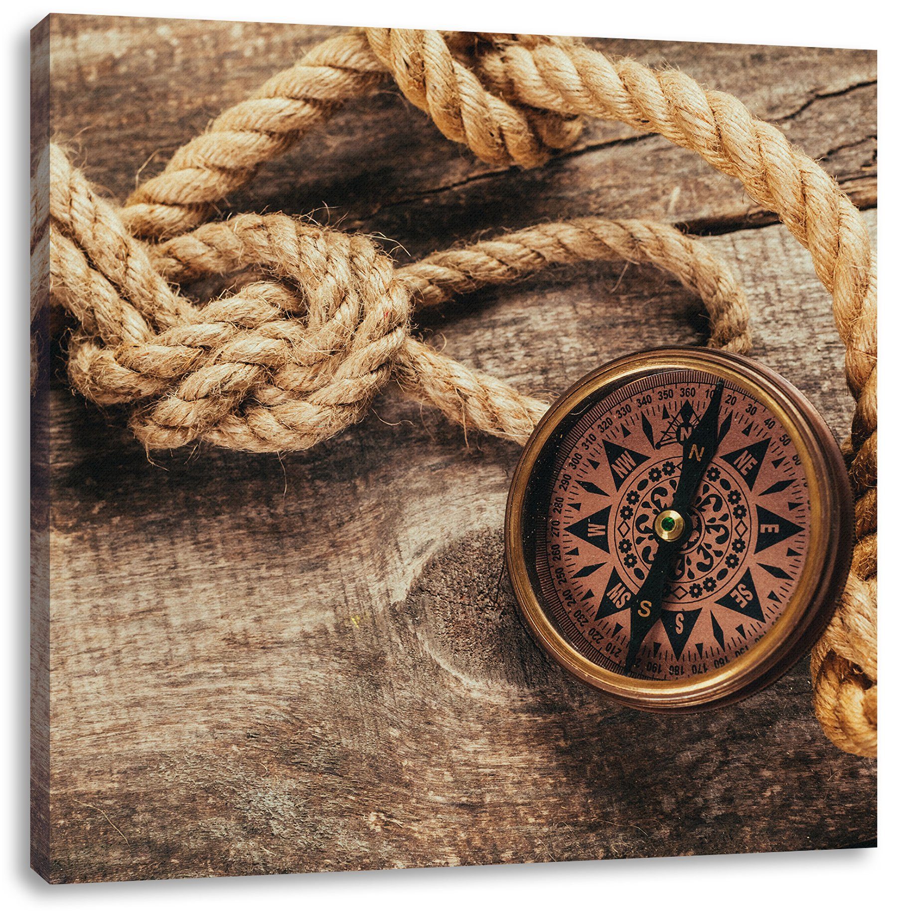 (1 Schiffseil und Kompass, bespannt, und Kompass Schiffseil Zackenaufhänger Pixxprint Leinwandbild fertig Leinwandbild inkl. St),