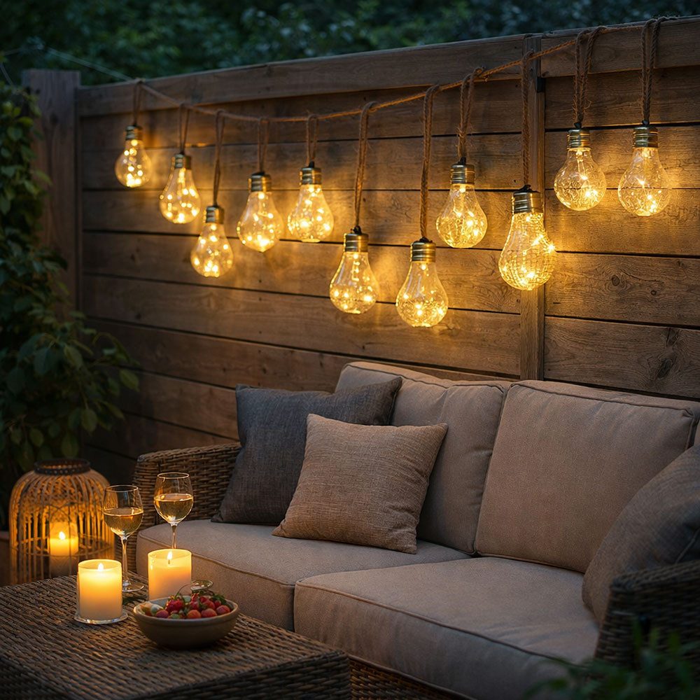GLOBO LIGHTING Gartenleuchte, LED-Leuchtmittel fest verbaut, Warmweiß, Solarlichterkette 10x LED Glühbirnen Außenlampe Gartendeko amber