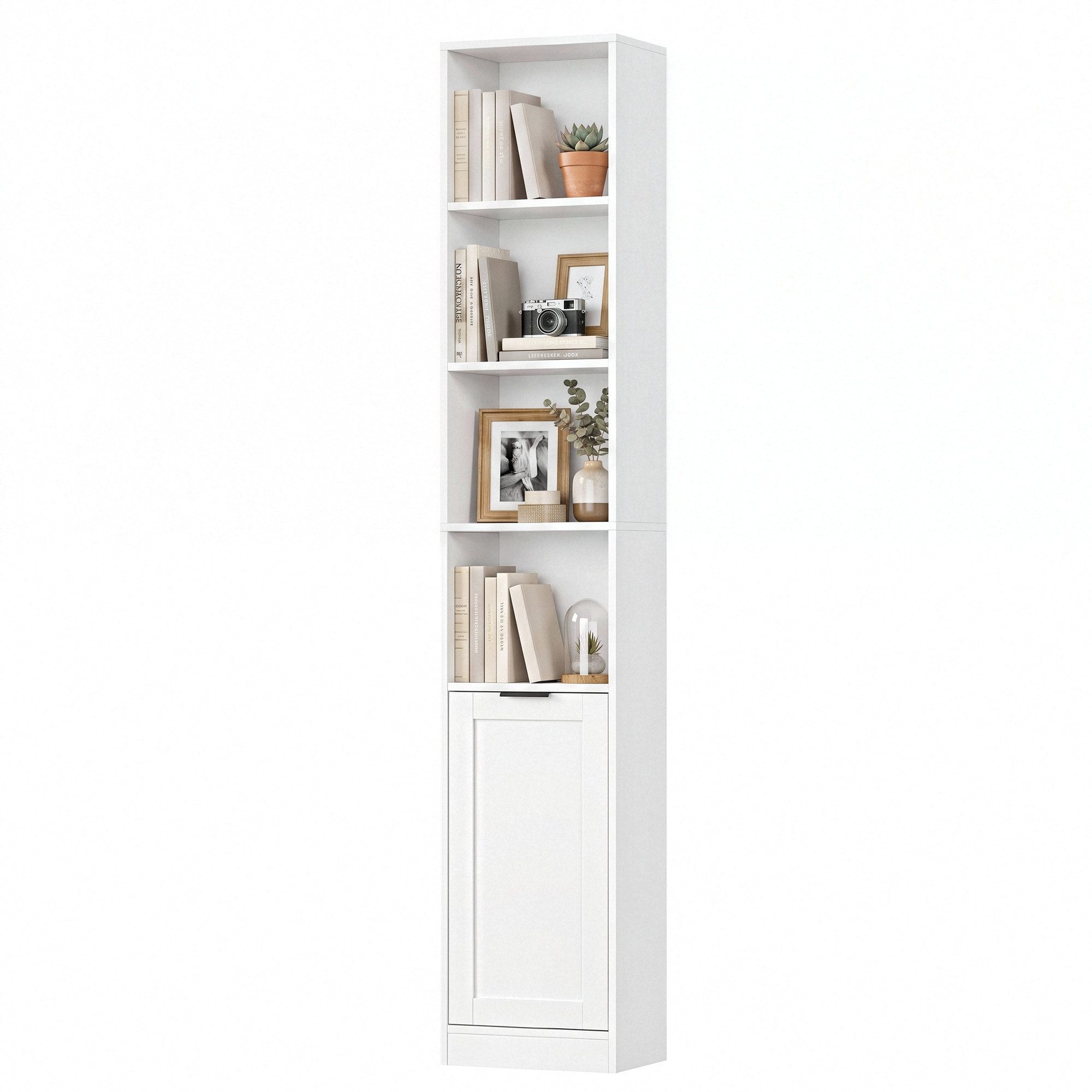 Homfa Bücherregal mit 6 Ebenen Bücherschrank Standregal mit Tür Eckregal weiß, Hochschrank, Billy Regal für Wohnzimmer Homeoffice Bad, 35x24x186,4 cm