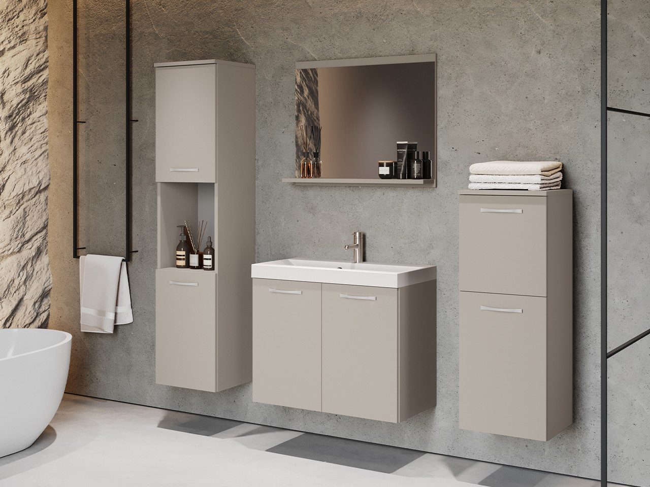MIRJAN24 Badmöbel-Set Malo, (5er-Set, Waschbeckenschrank, Hochschrank, Hängeschrank, Spiegel, Waschbecken), Modernes Komplett
