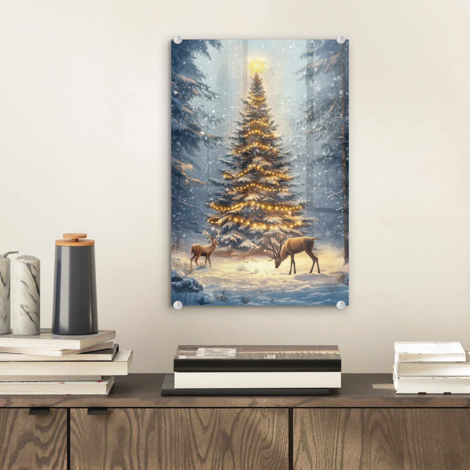 MuchoWow Acrylglasbild Weihnachtsbeleuchtung - Wald - Hirsche - Dunkelheit, Inkl. Aufhängung, Dekorative Bild für Küche & Wohnzimmer auf Glas, 20x30 cm
