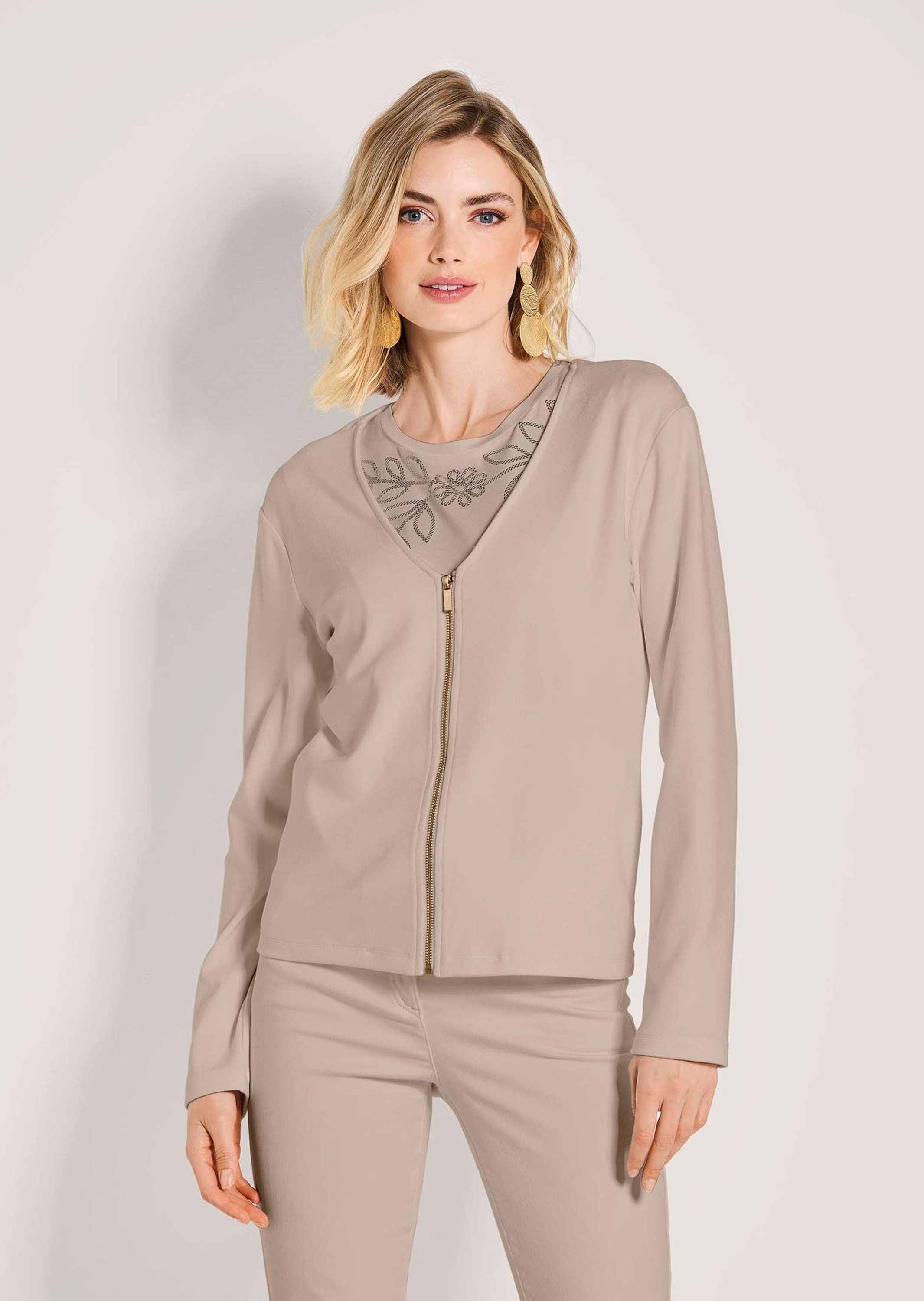 MADELEINE Langarmshirt Elegante Viskosejacke mit Reißverschluss Sportlich-eleganter Blazer mit tiefem V-Ausschnitt, ungefüttert