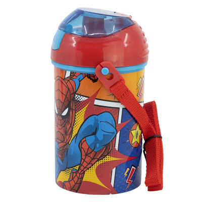MARVEL Trinkflasche Marvel Spiderman Wasserflasche Flasche mit Trinkhalm Gurt 450 ml